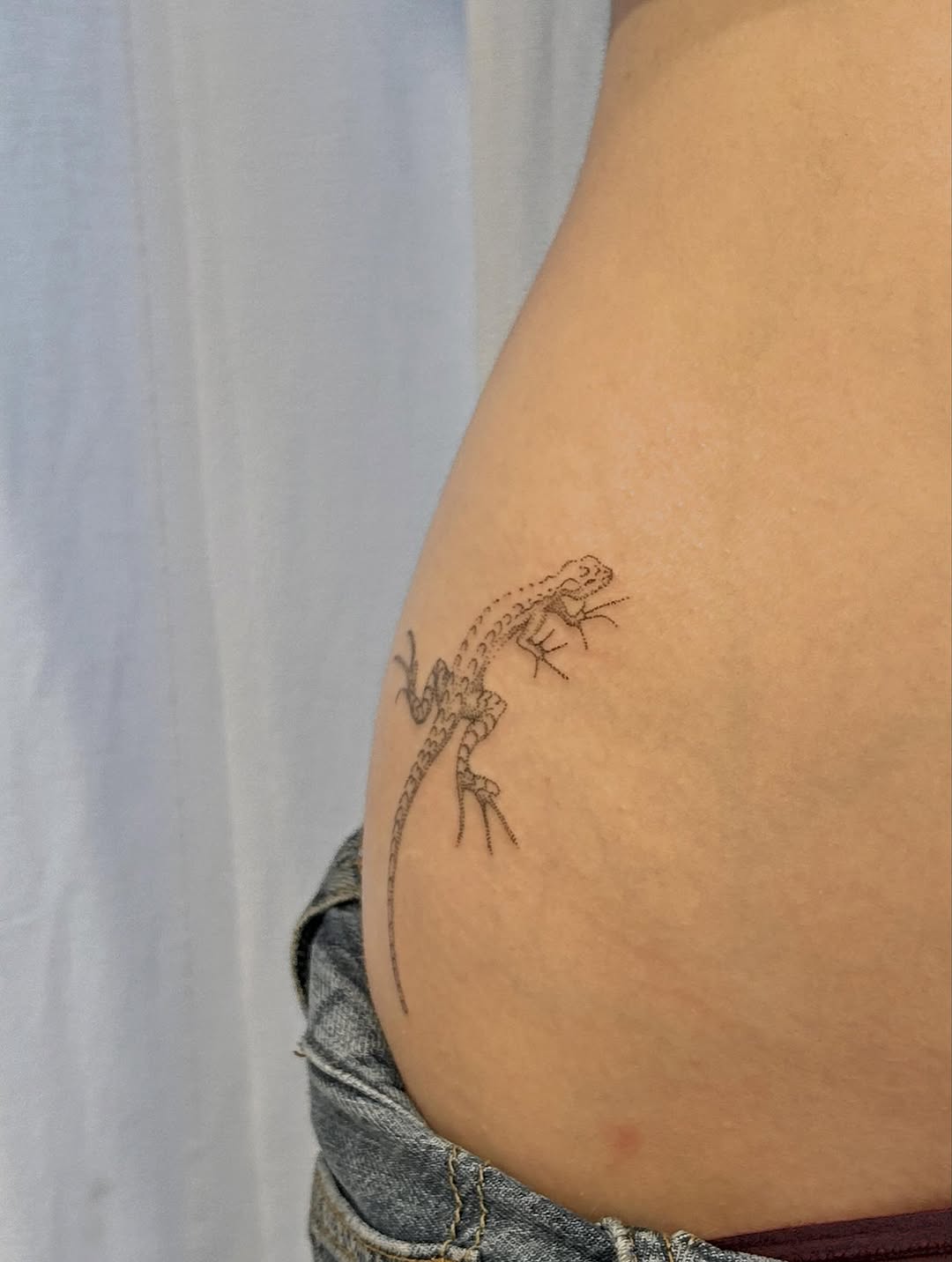 Lizard fine line tattoo by Nicolette
