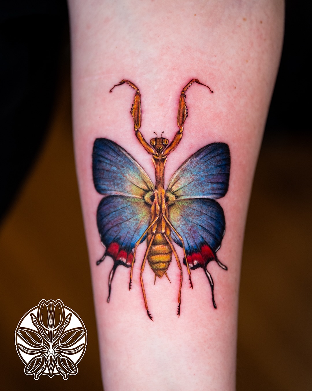 Butterfly mantis realism tattoo on the forearm by Ori Merchan Tattoo, Kansas City, Missouri