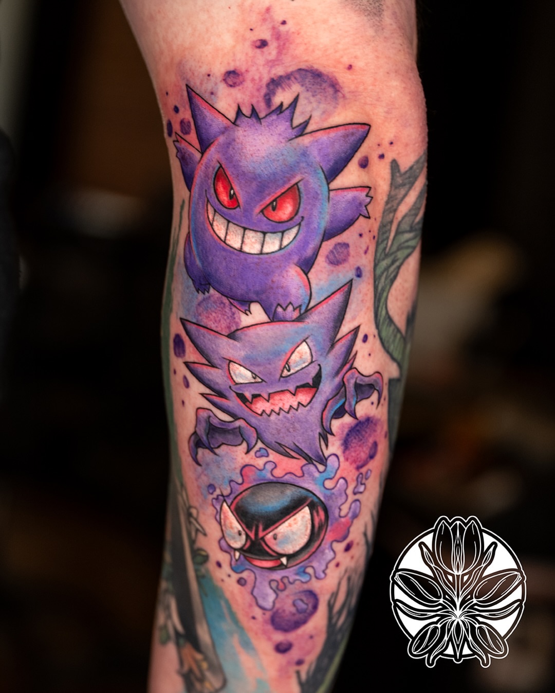 Gengar watercolor tattoo on the forearm by Ori Merchan Tattoo, Kansas City, Missouri