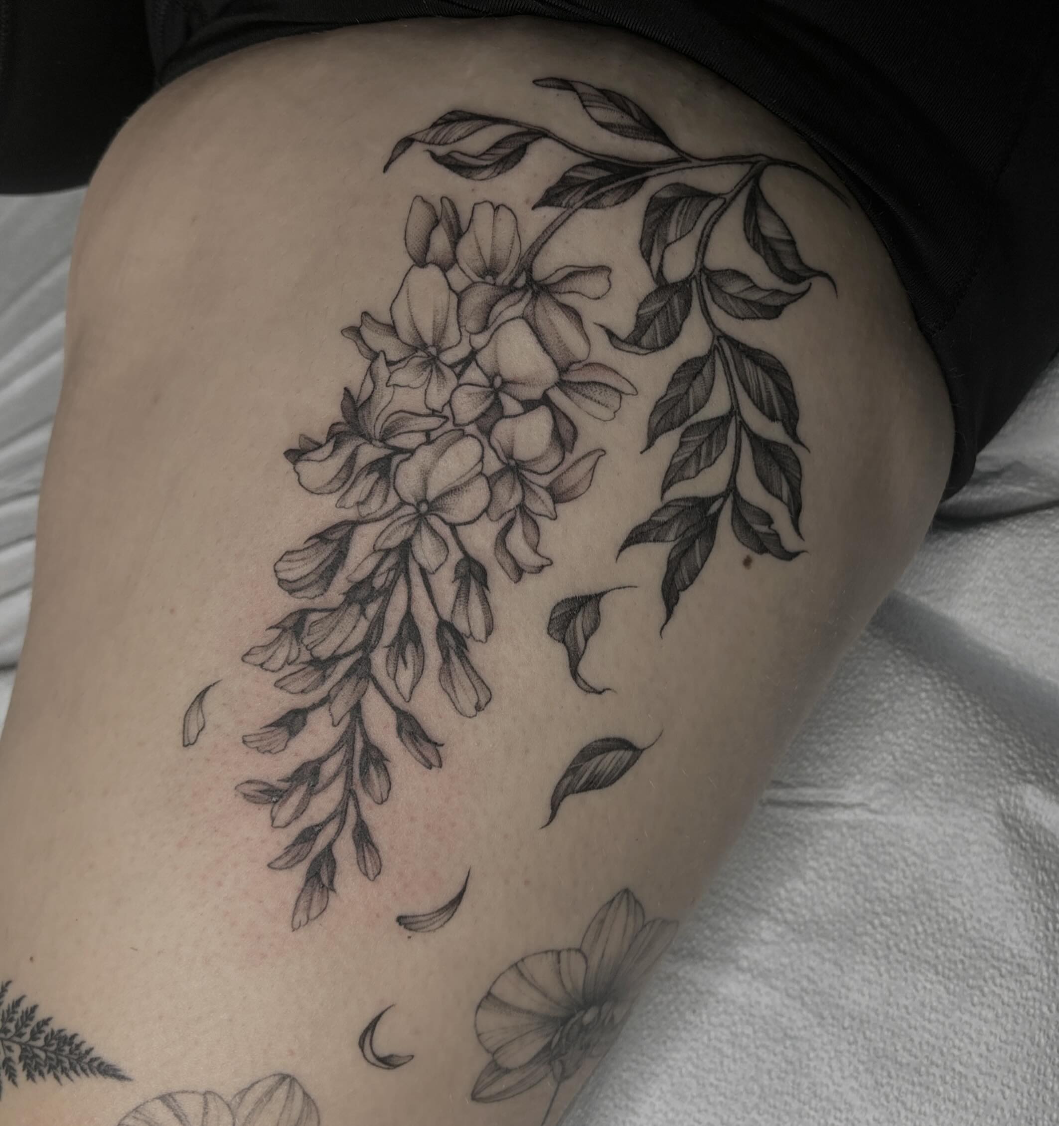 Wisteria flowers black and grey tattoo on the thigh by Emma Cotter