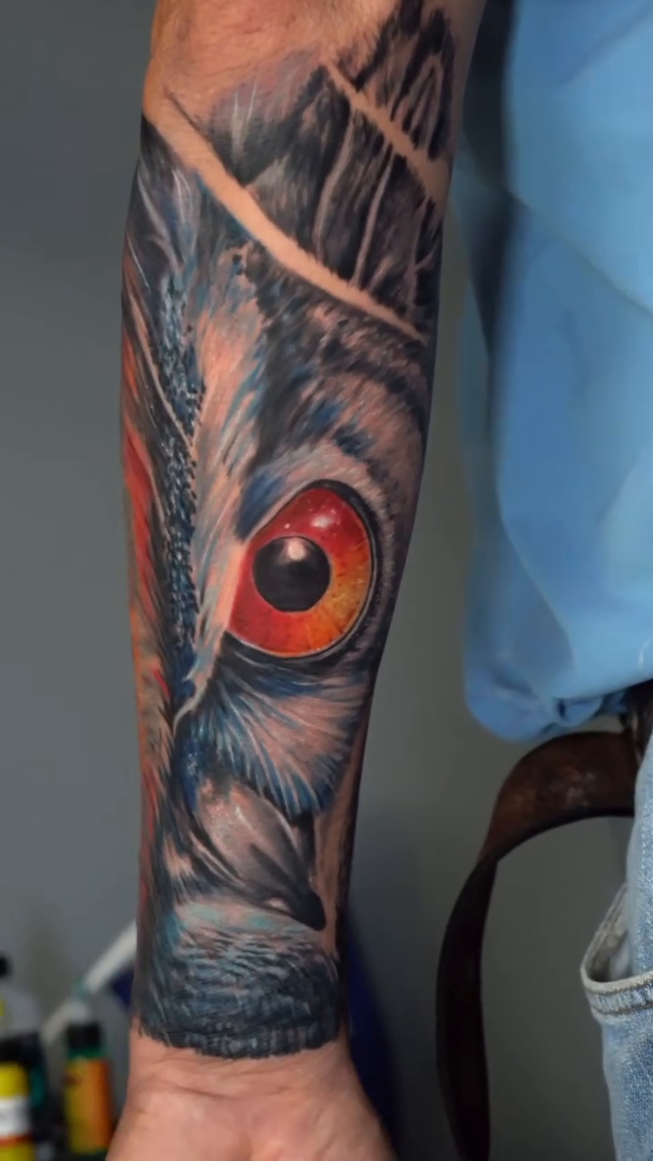 Owl eye tattoo realism tattoo on the forearm by 𝐍𝐄𝐗'𝐒 𝐈𝐍𝐊 🇨🇺, Tampa