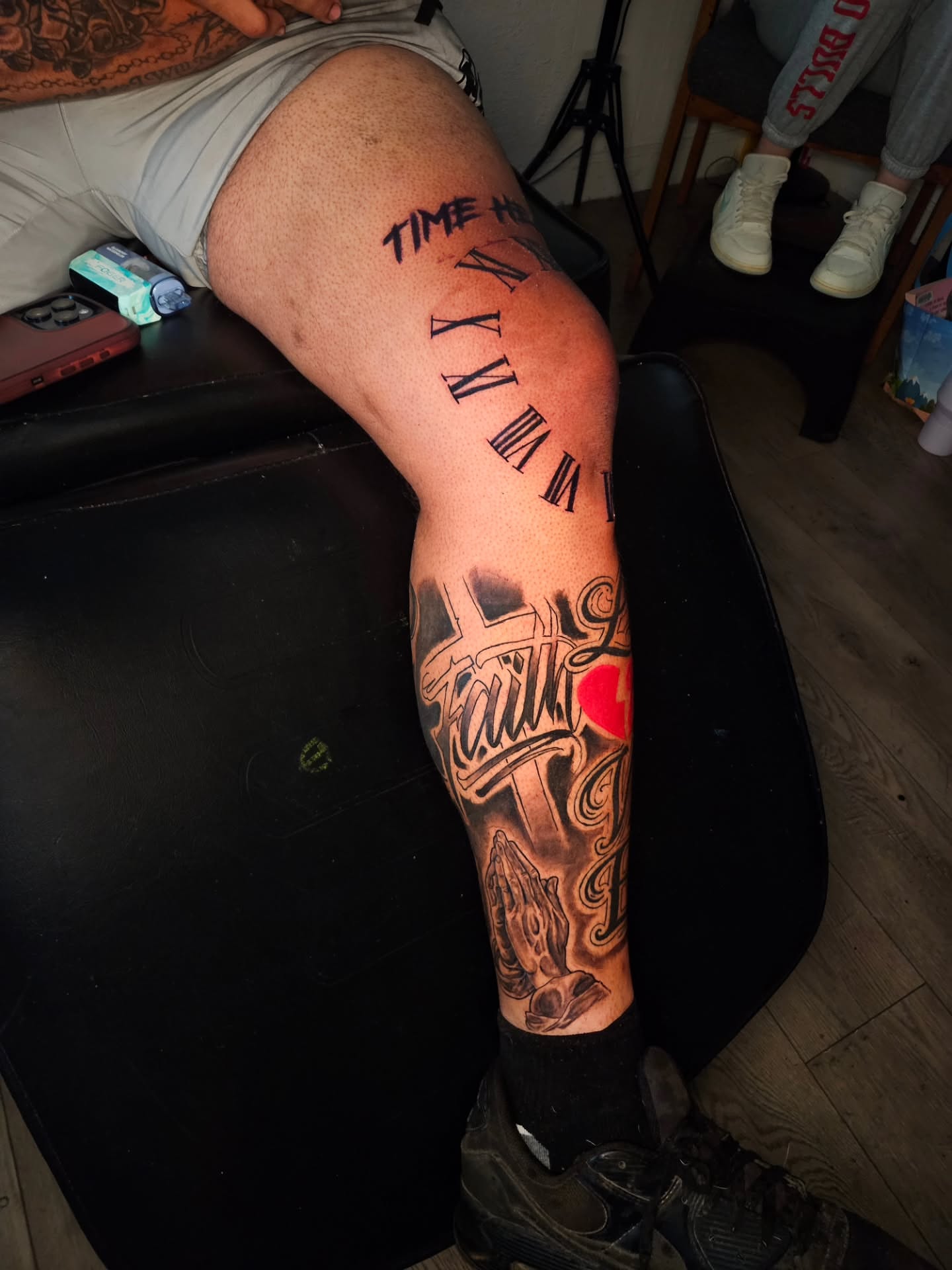 Time and faith black and grey tattoo on the leg by Justx4rt