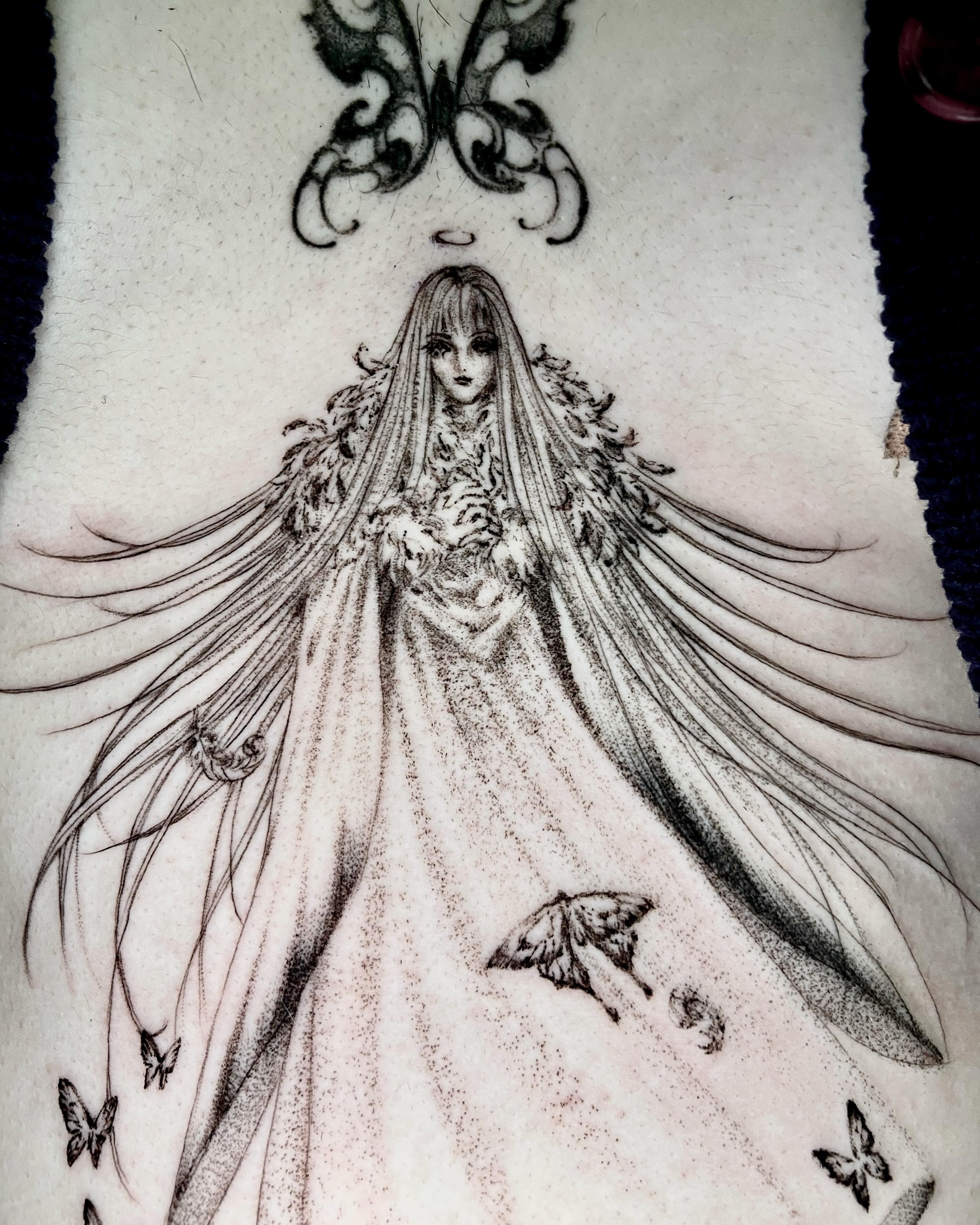 Ghostly woman with butterflies dotwork tattoo on the torso by ༒ ₐₙ𝓰ₑₗₐ  ༒