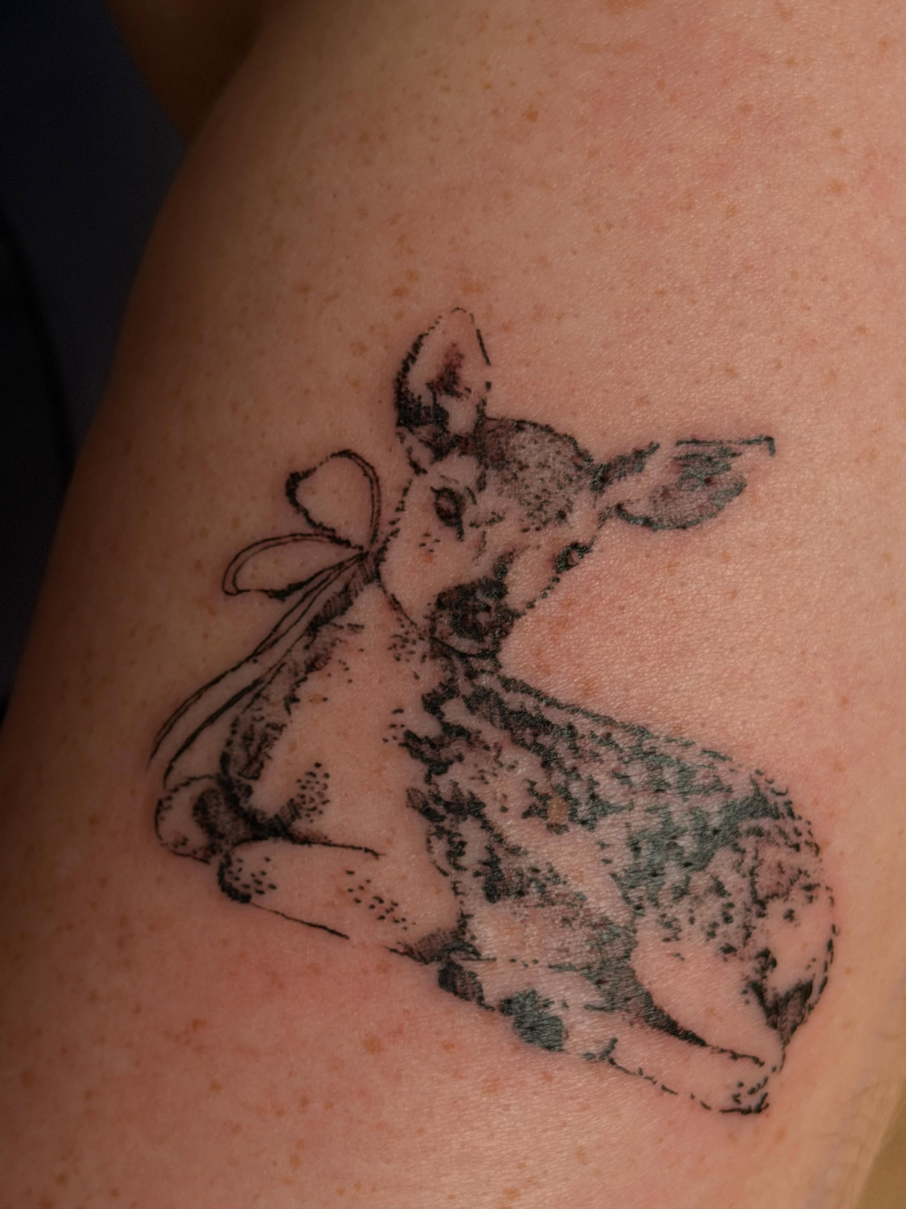 Deer black and grey tattoo on the shoulder by Babymaxy Inks Llc