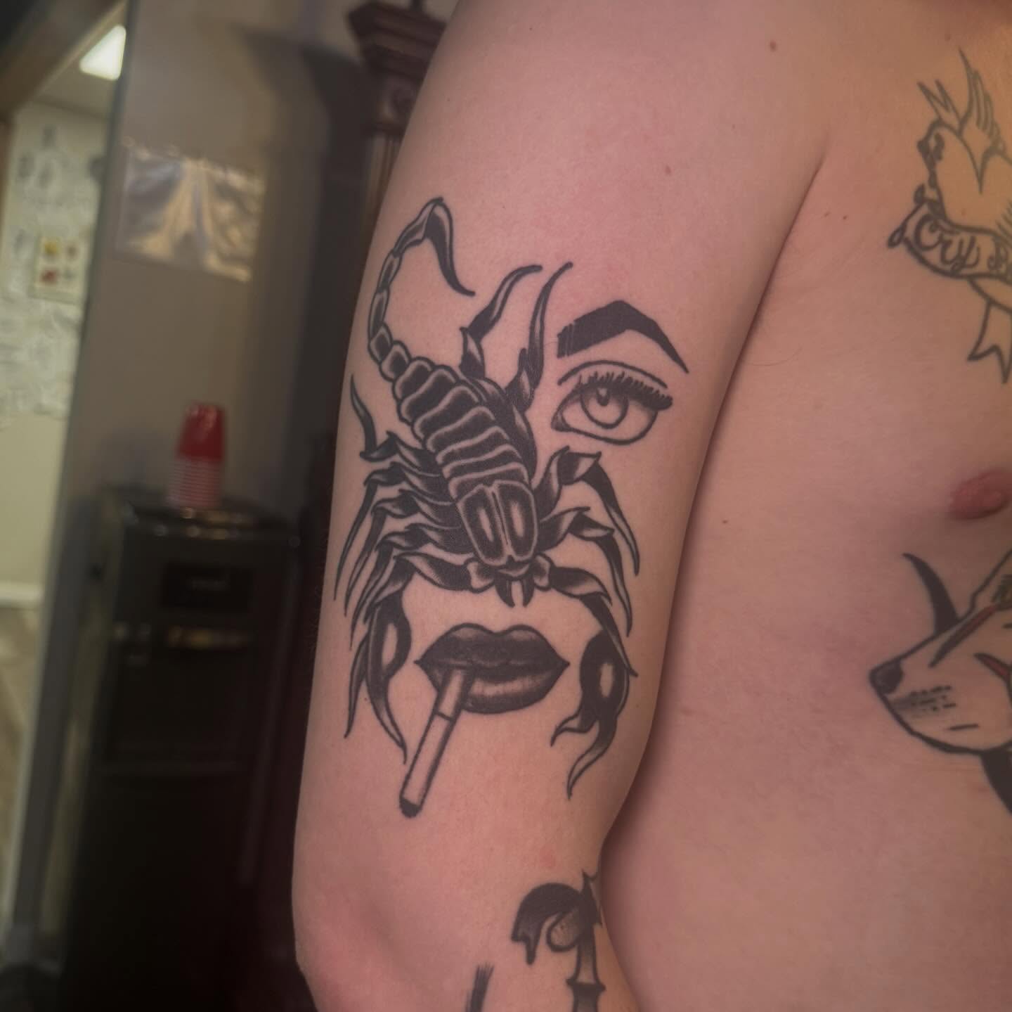 Scorpion and woman black and grey tattoo on the forearm by Mtctattoos