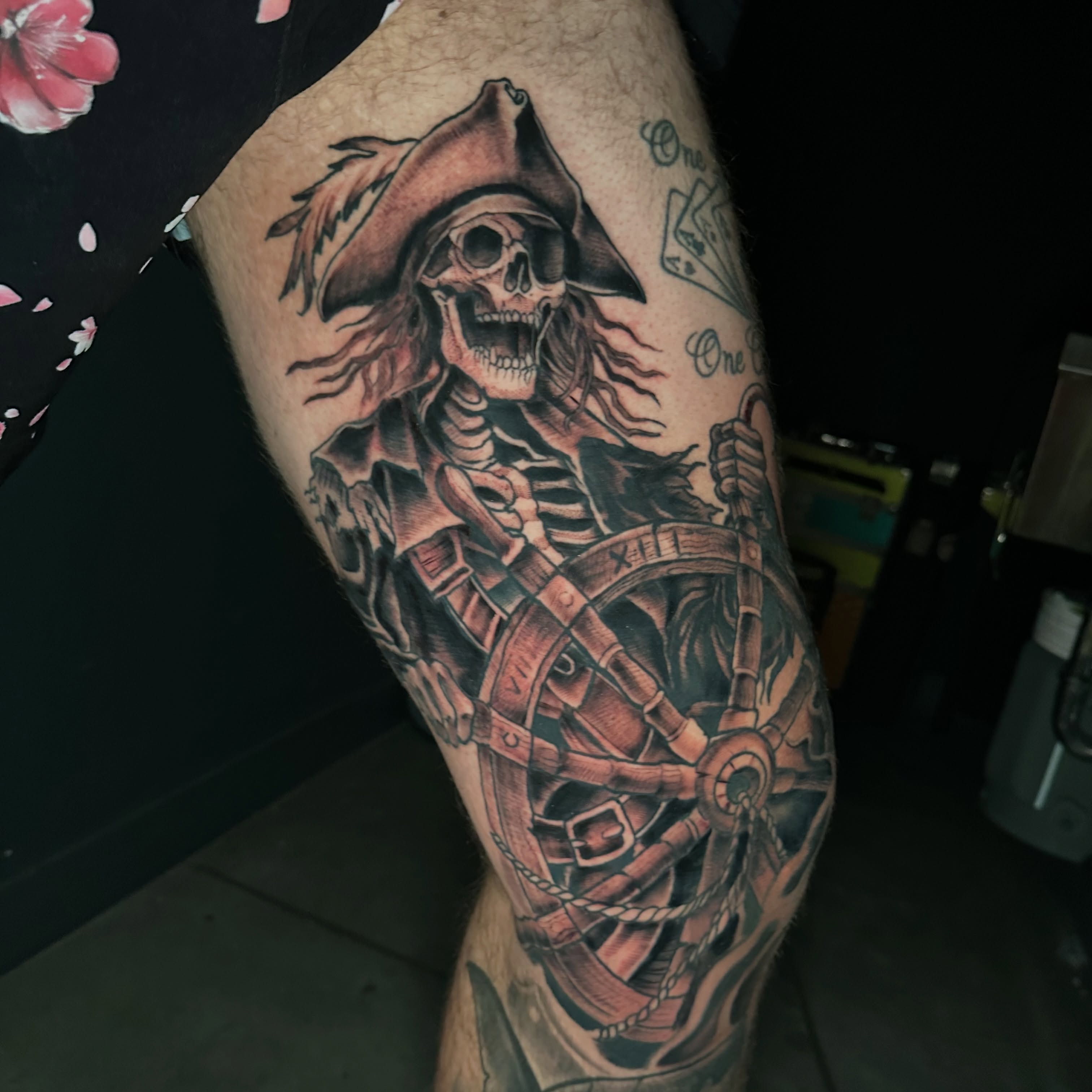 Pirate skeleton realism tattoo on the forearm by Andy Sharik