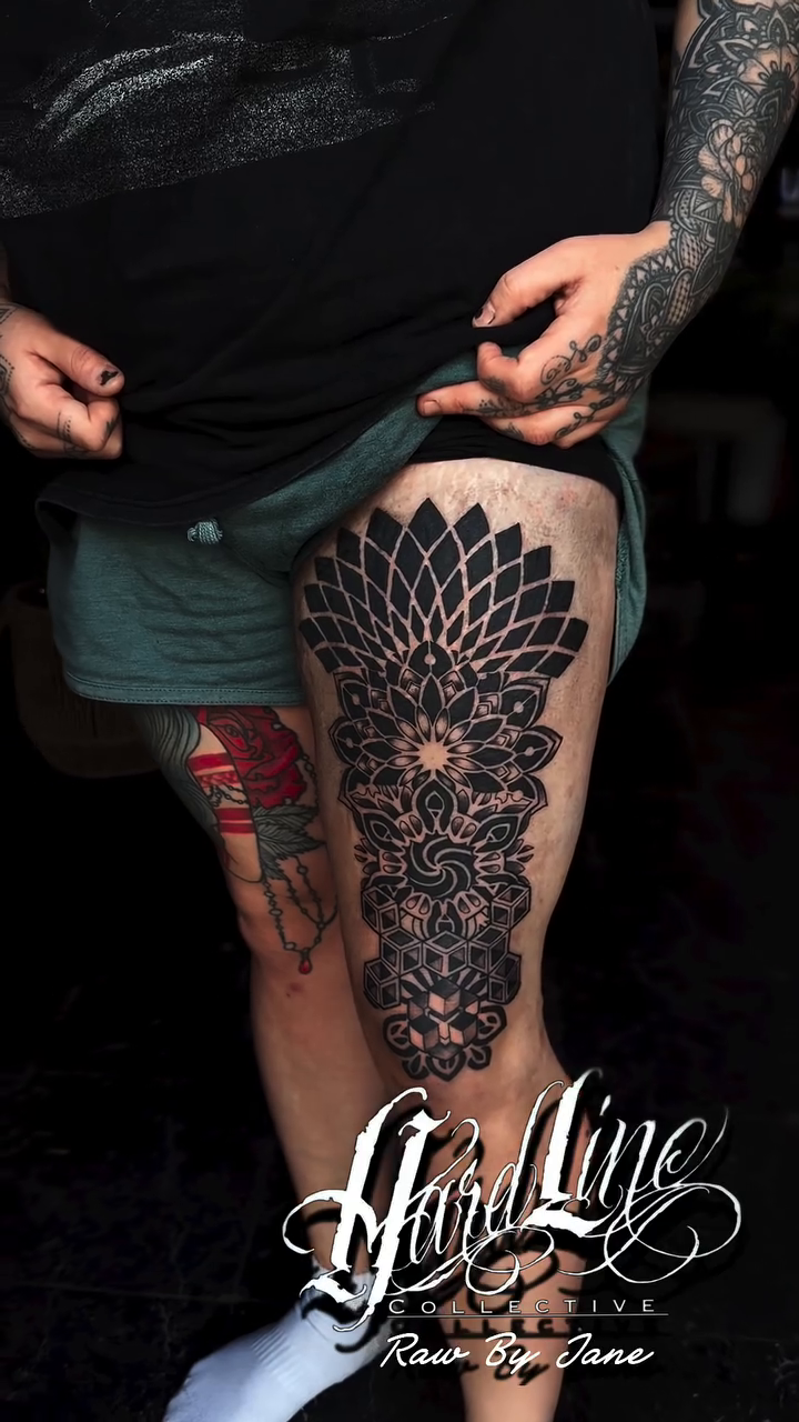 Mandala thigh tattoo geometric tattoo on the thigh by Jamie Jane Voryer
