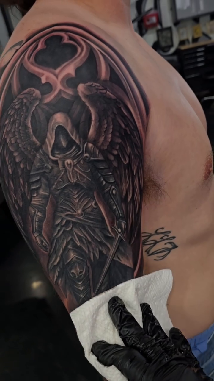 Grim reaper with wings dark realism tattoo by Richie Garcia, Hesperia, California