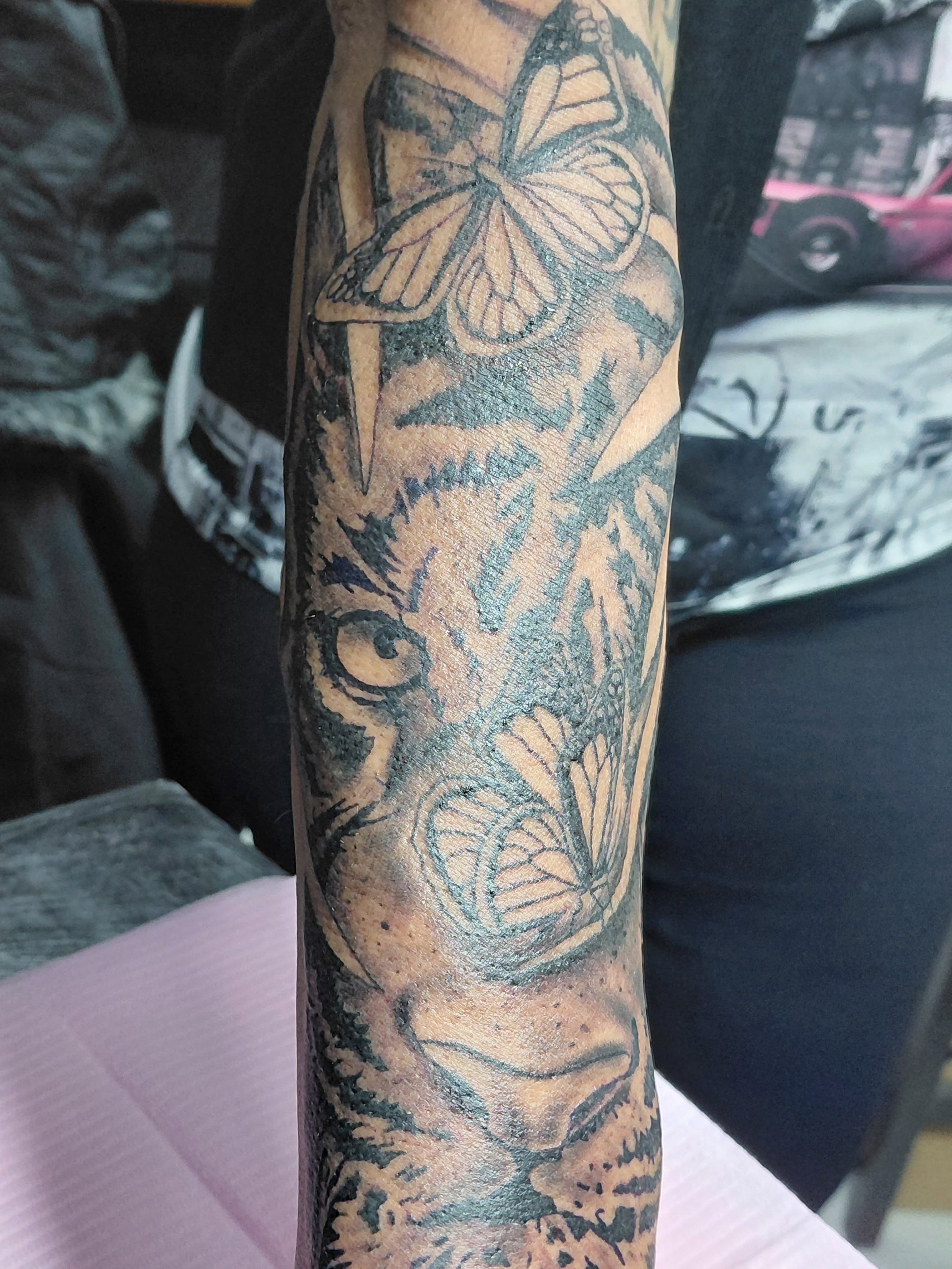 Lion and butterflies realism tattoo on the forearm by Jose Rodriguez