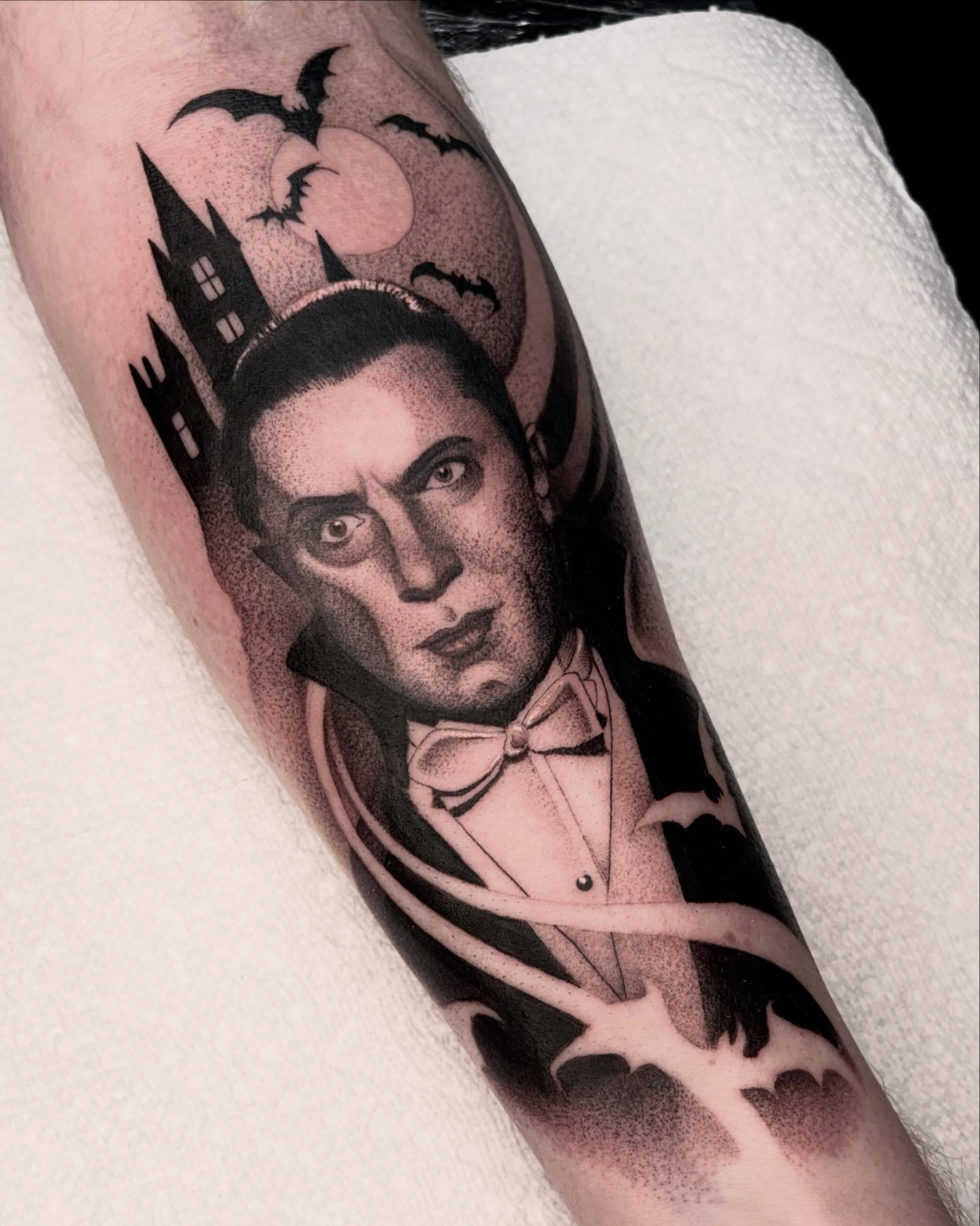 Dracula dotwork tattoo on the forearm by Avery Mullins