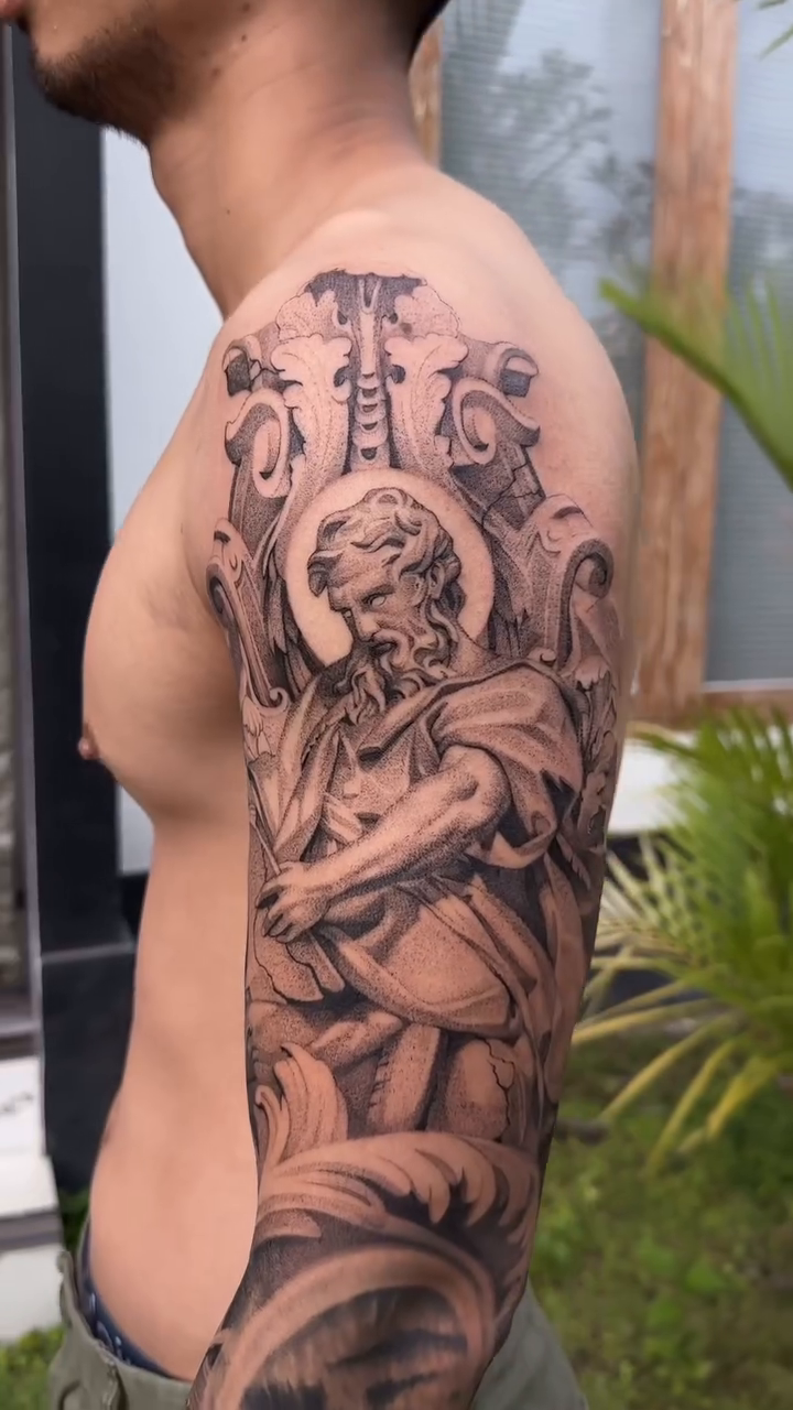 Religious figures and cherubs realism tattoo by Viktor Govorukhin
