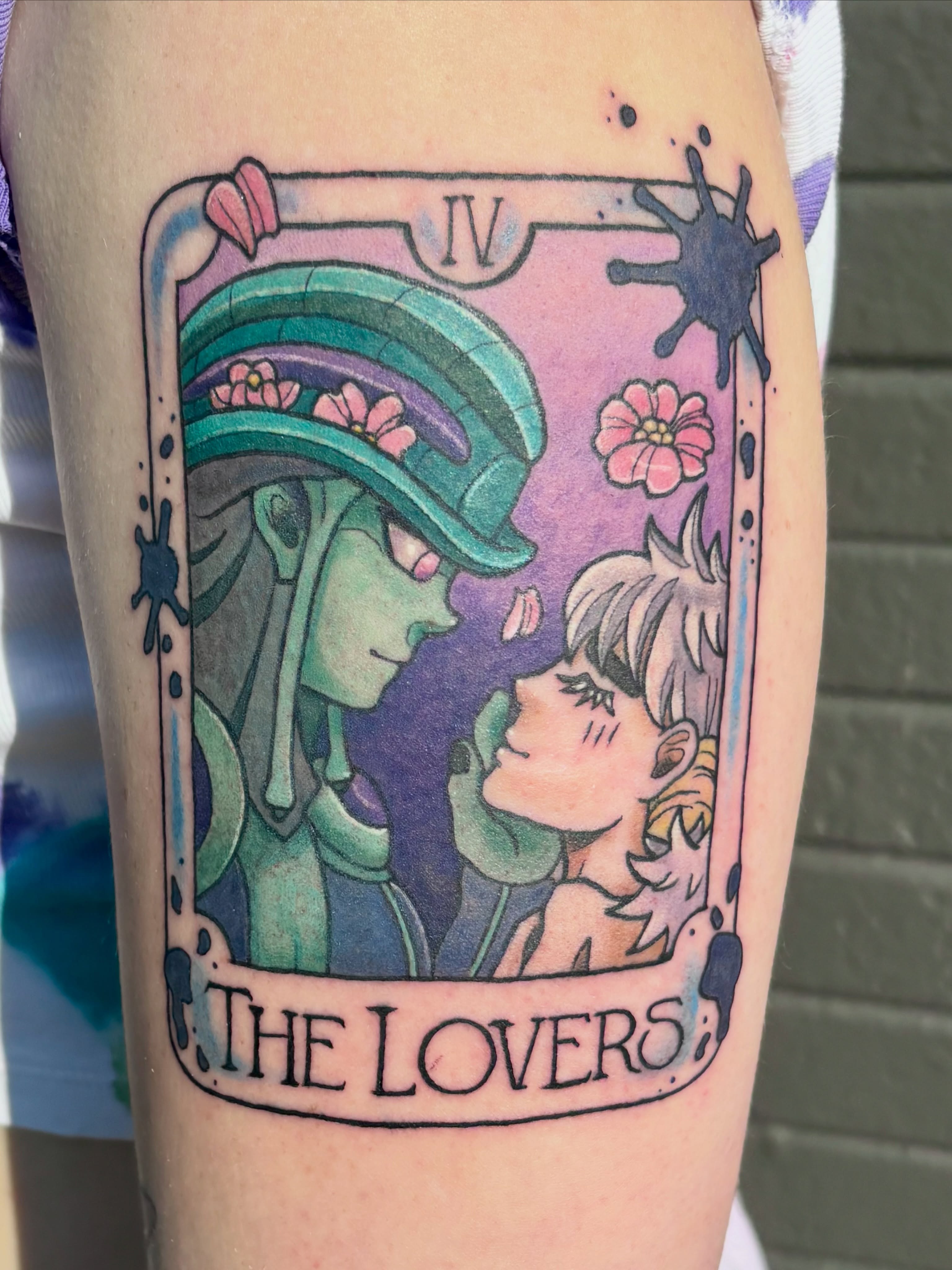 The Lovers tarot card illustrative tattoo on the forearm by Bekah Smith