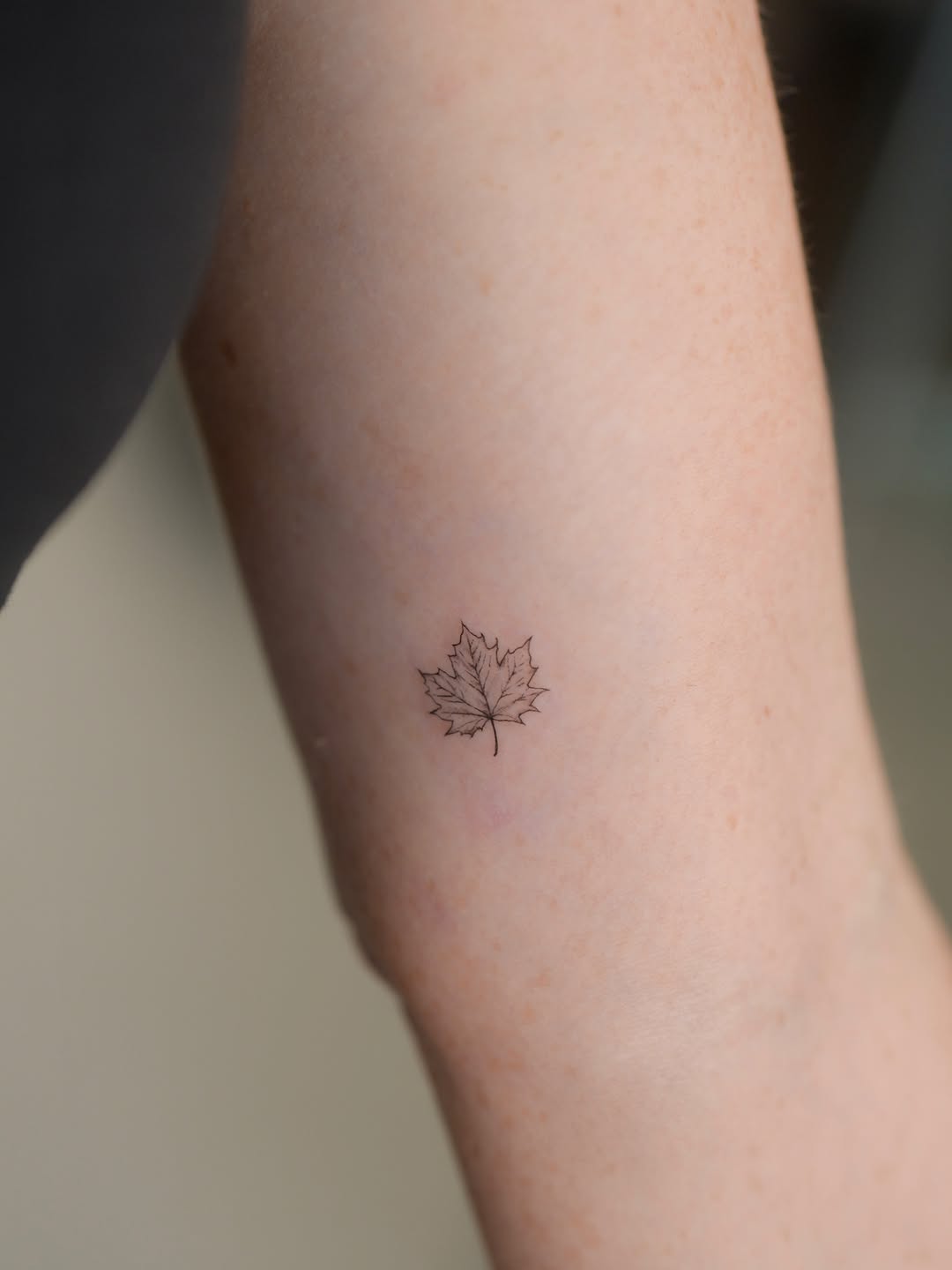 Maple leaf fine line tattoo on the forearm by fineline & smalltattoos