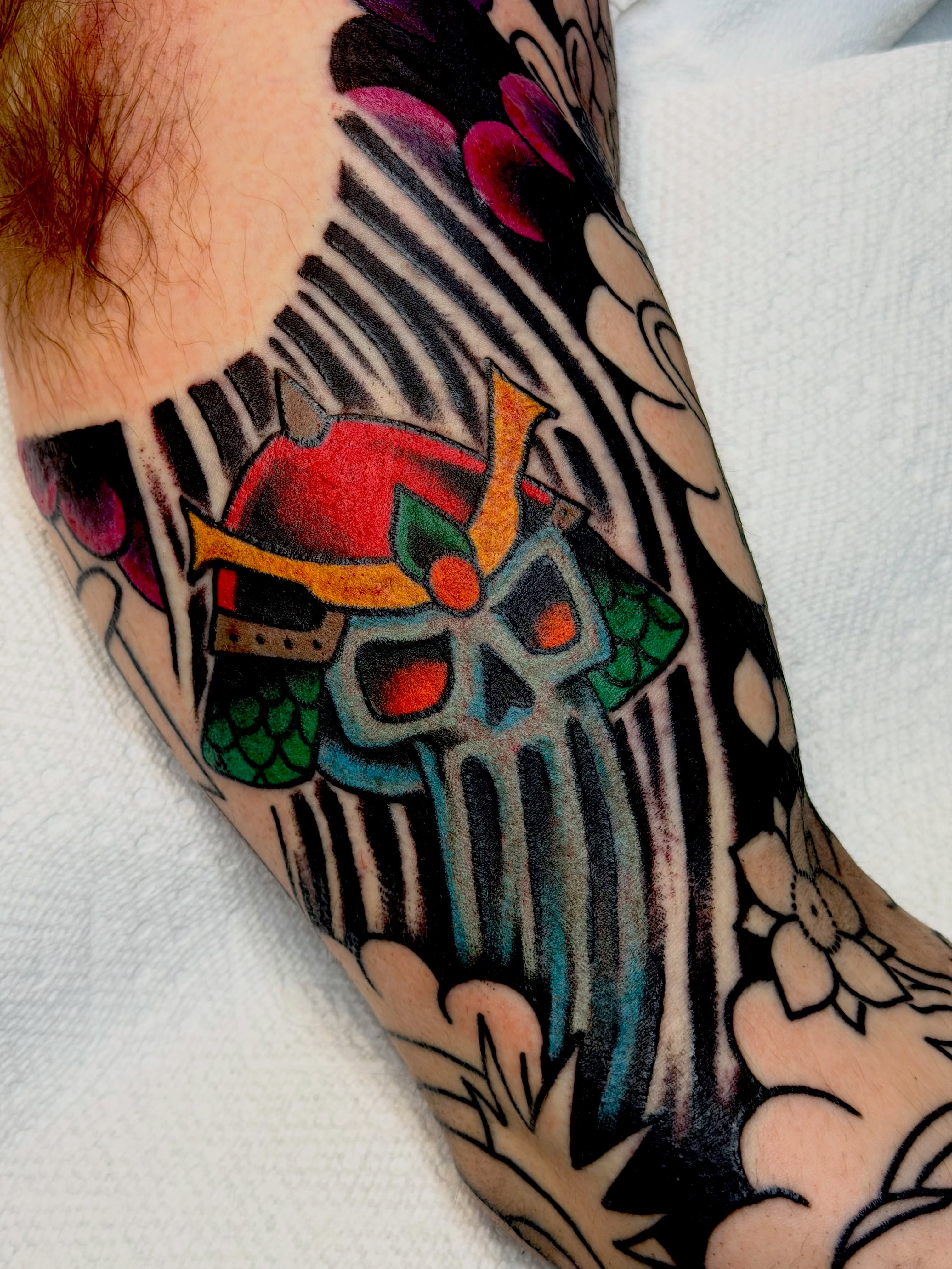 Skull with mask American traditional tattoo on the forearm by 🌈KNOXVILLE’S FAVORITE TATTOO ARTIST 👽 마법 버섯