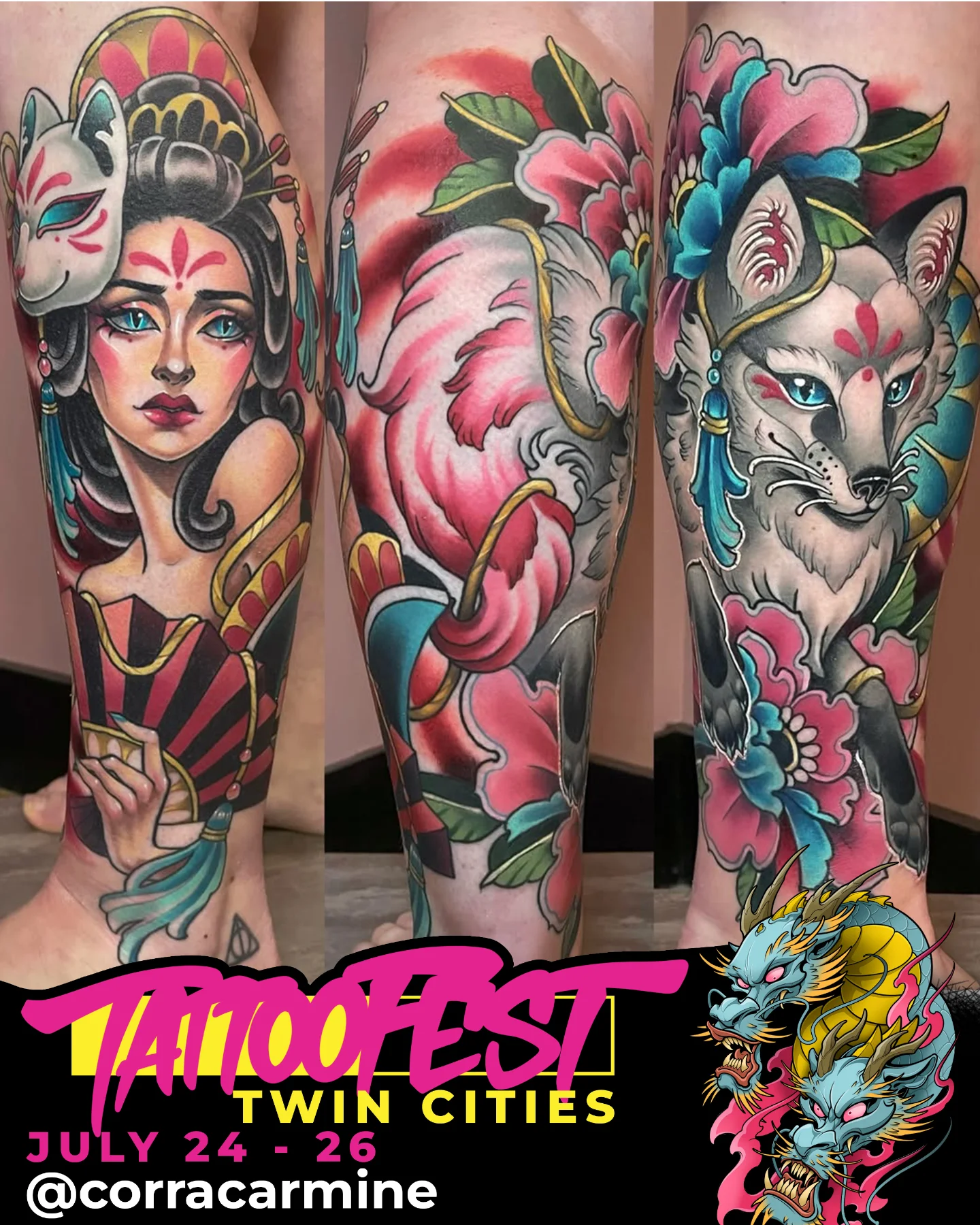 Geisha and fox American traditional tattoo on the forearm by Corra Carmine