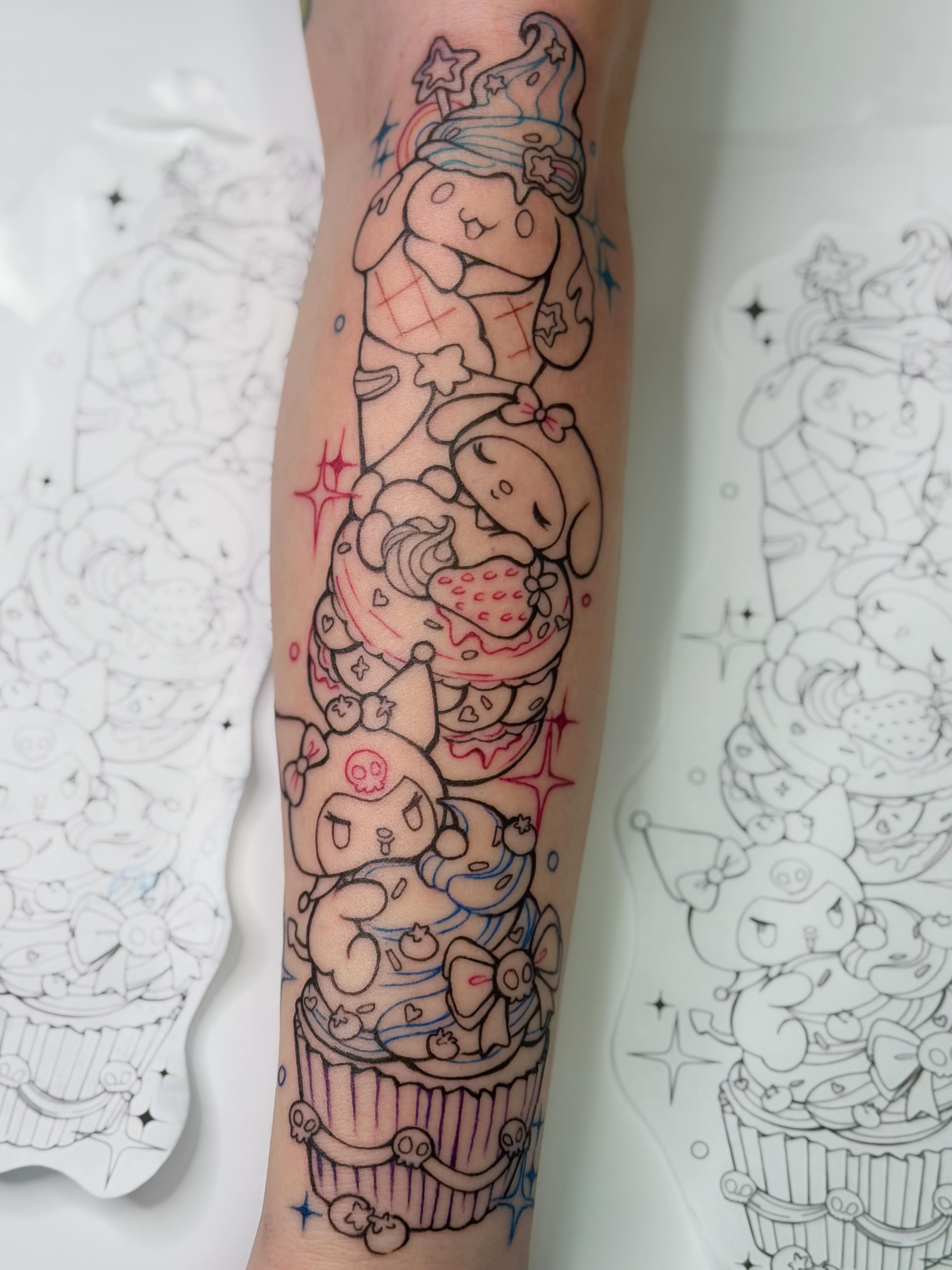 Cupcake characters new school tattoo on the forearm by Constance Roberts