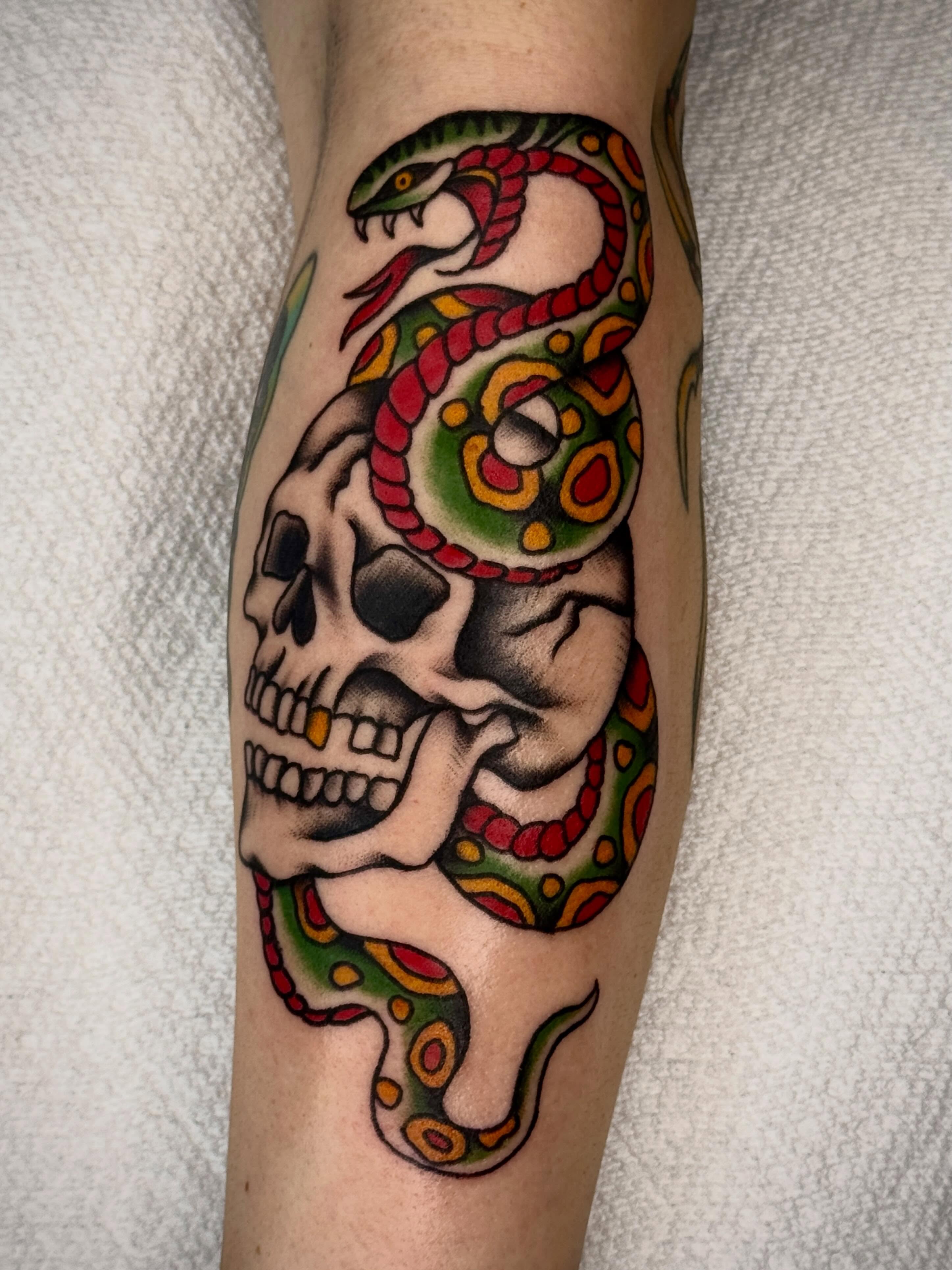 Skull and snake American traditional tattoo on the forearm by Meg Nefcy, Milford, Michigan