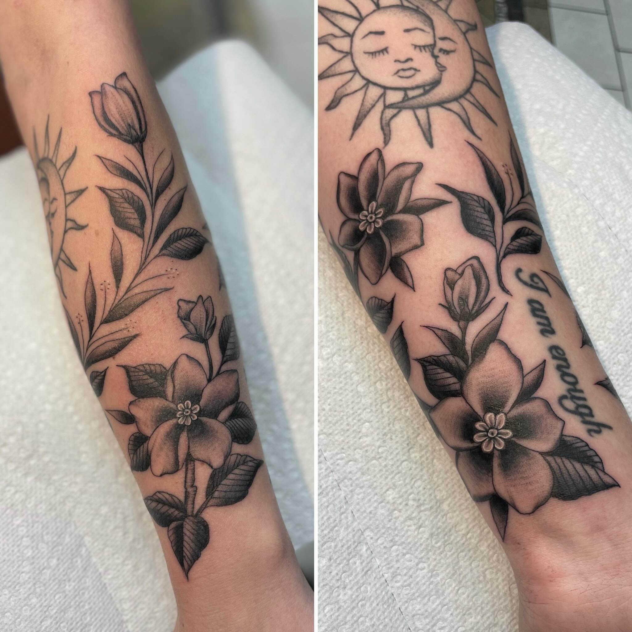 Flowers and sun black and grey tattoo on the forearm by 𝐒𝐚𝐦𝐬𝐨𝐧𝐋𝐚𝐳𝐚𝐫𝐭𝐞