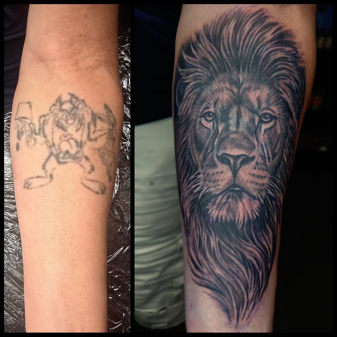 Lion portrait realism tattoo on the forearm by Ian Duncanson