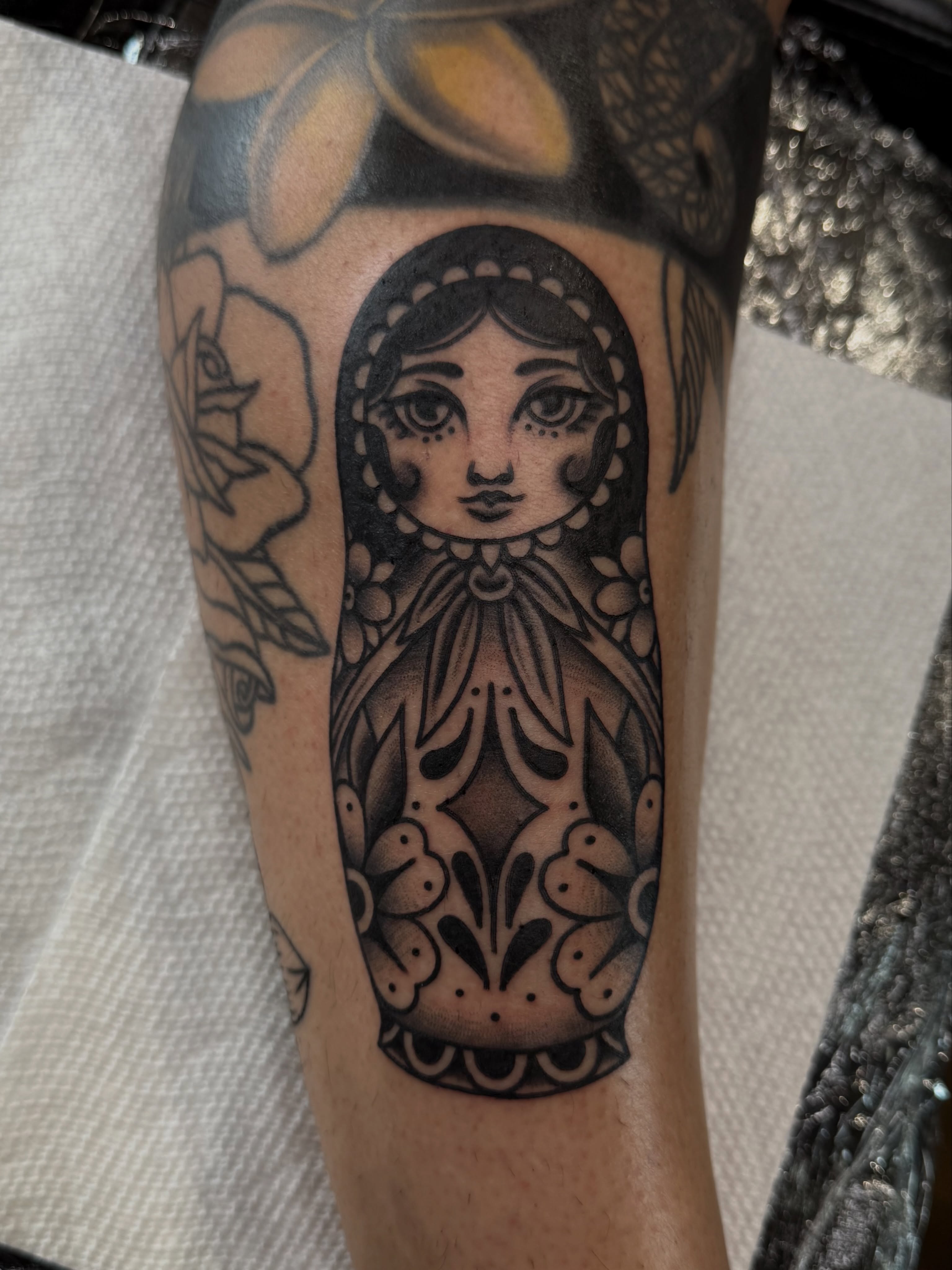 Matryoshka doll black and grey tattoo on the forearm by ๐ฉ๐ฌ๐ค๐๐ซ ๐ฐ๐ฆ๐ค๐ฅ๐ฑ