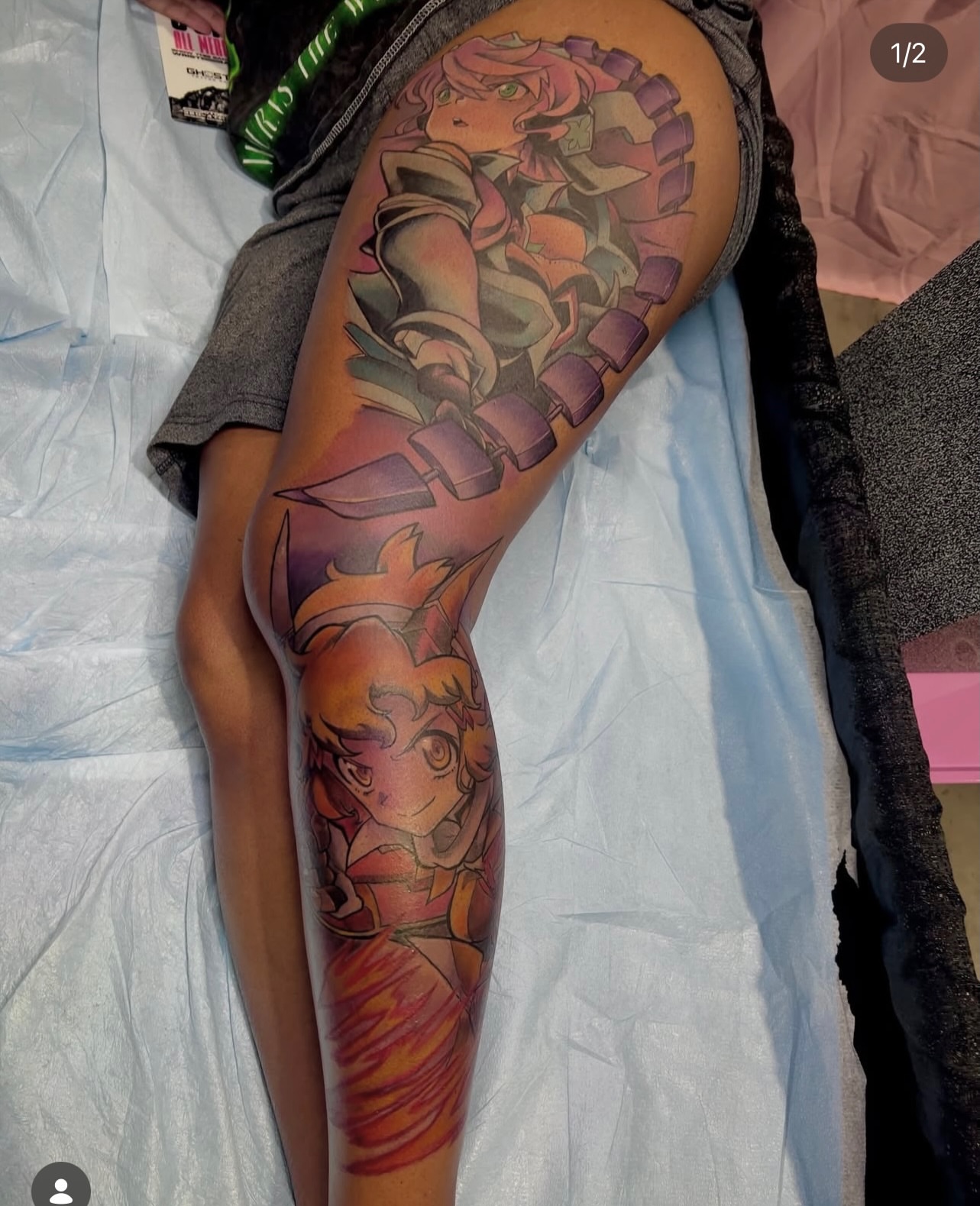 Anime characters anime tattoo on the thigh by David Carras-pol, Miramar, Florida