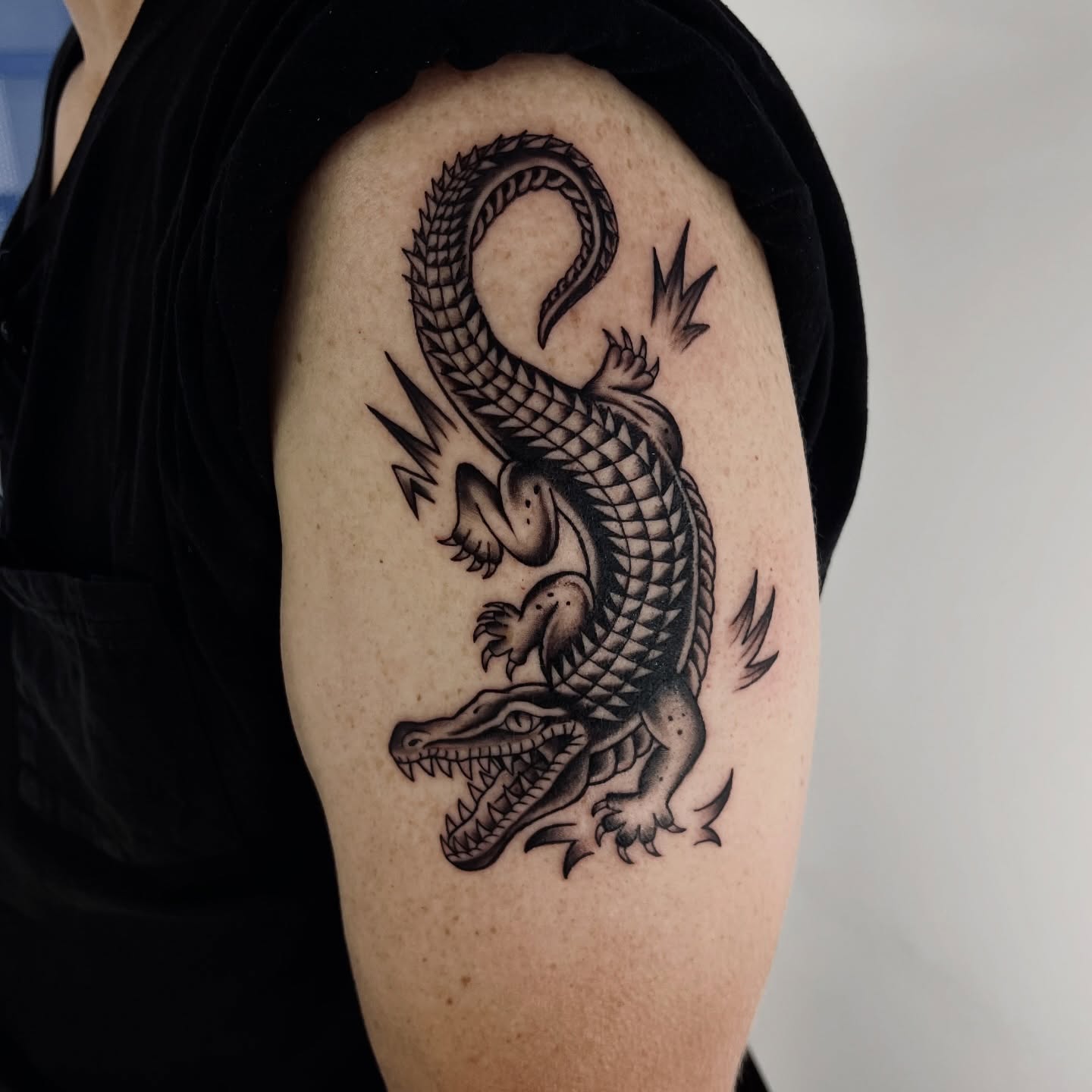 Dragon black and grey tattoo on the shoulder by ⚒dptattoos ⚒, East Williamsburg, Brooklyn