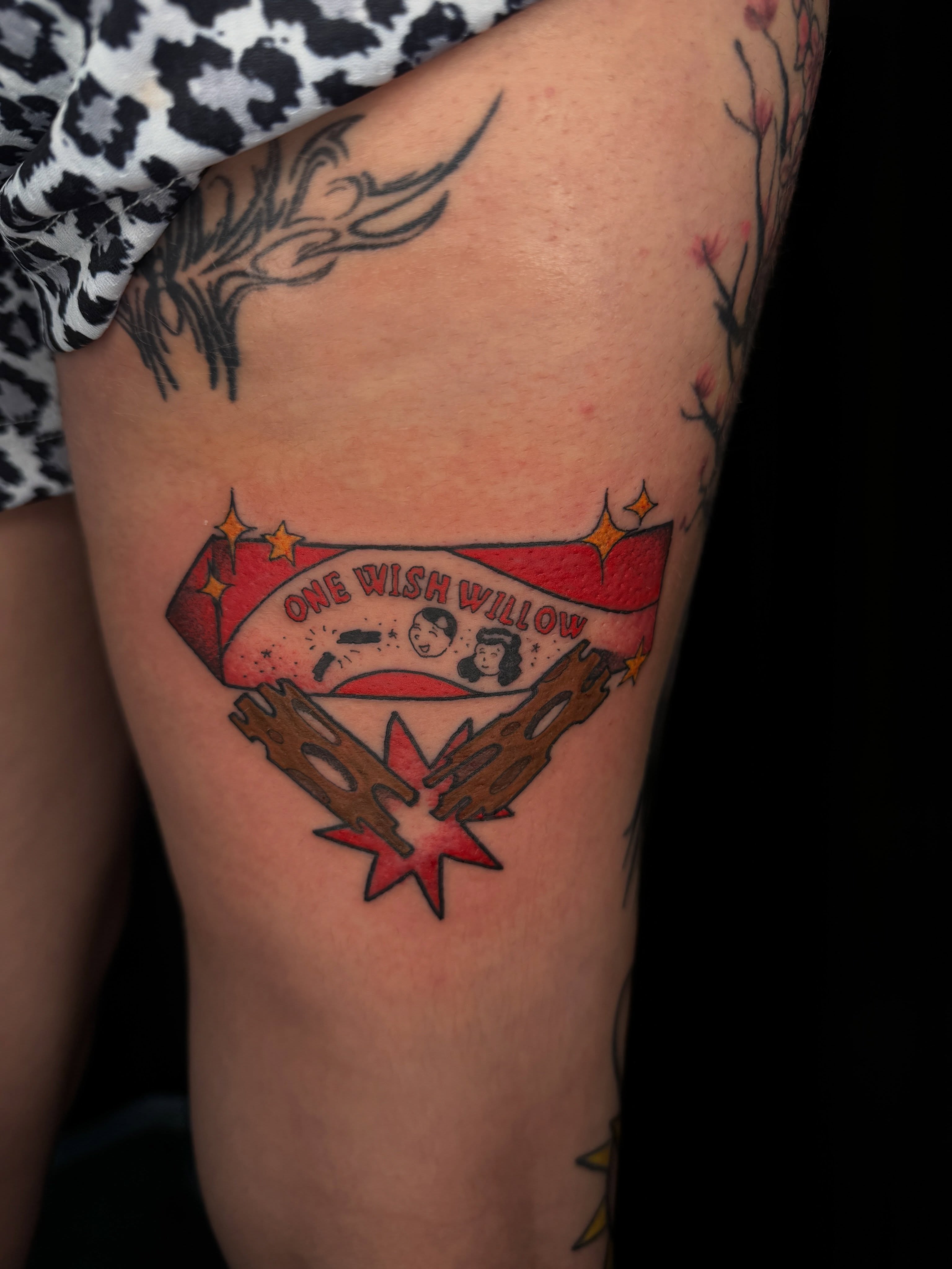 One Wish Willow American traditional tattoo on the thigh by ✧˖°. Jordan