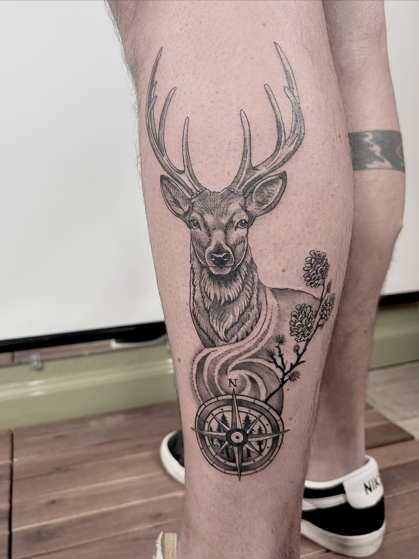 Deer and compass realism tattoo on the leg by <3 eve’s tattoos <3