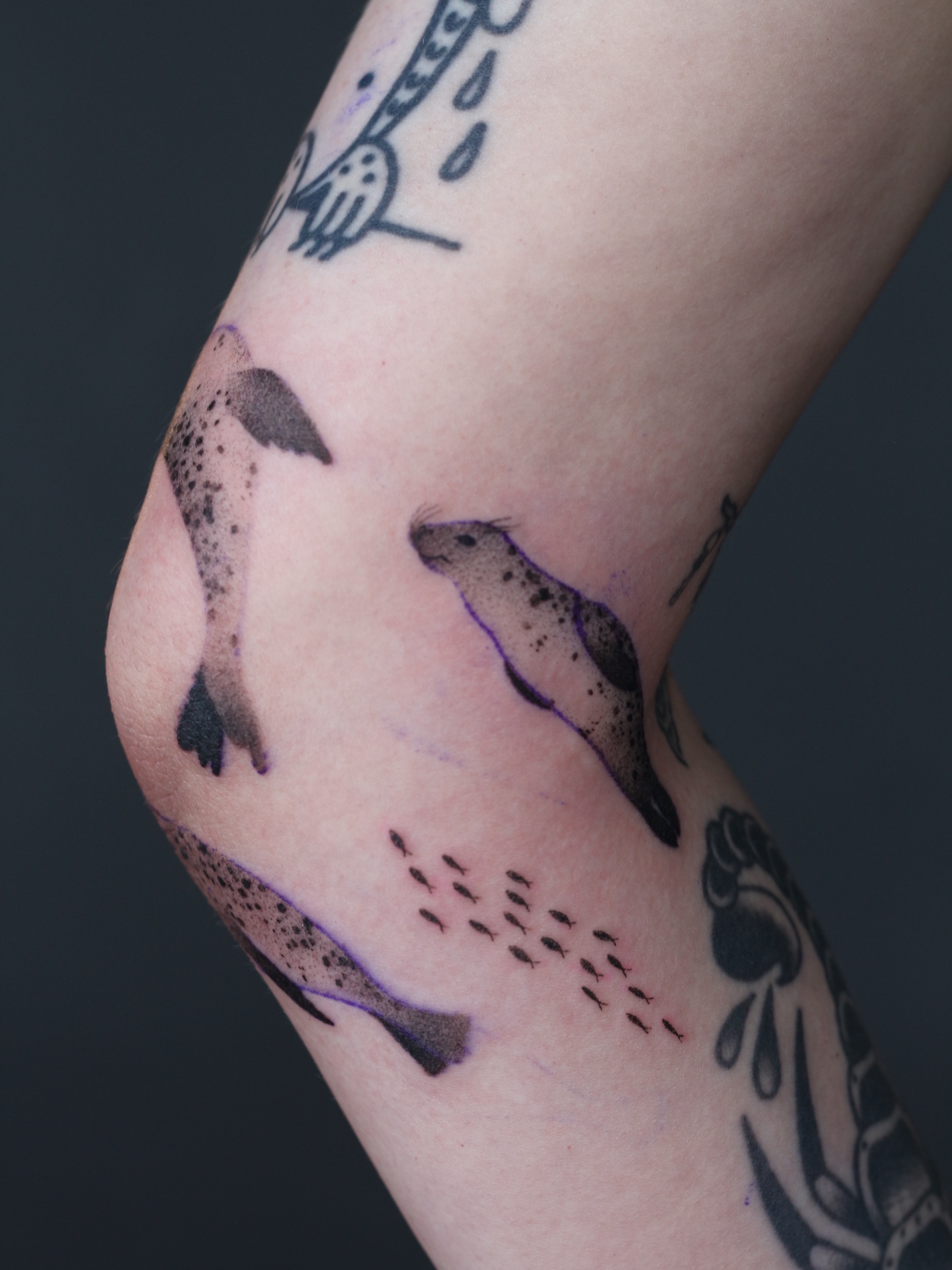 Seals and fish dotwork tattoo on the forearm by Stephany Victorine