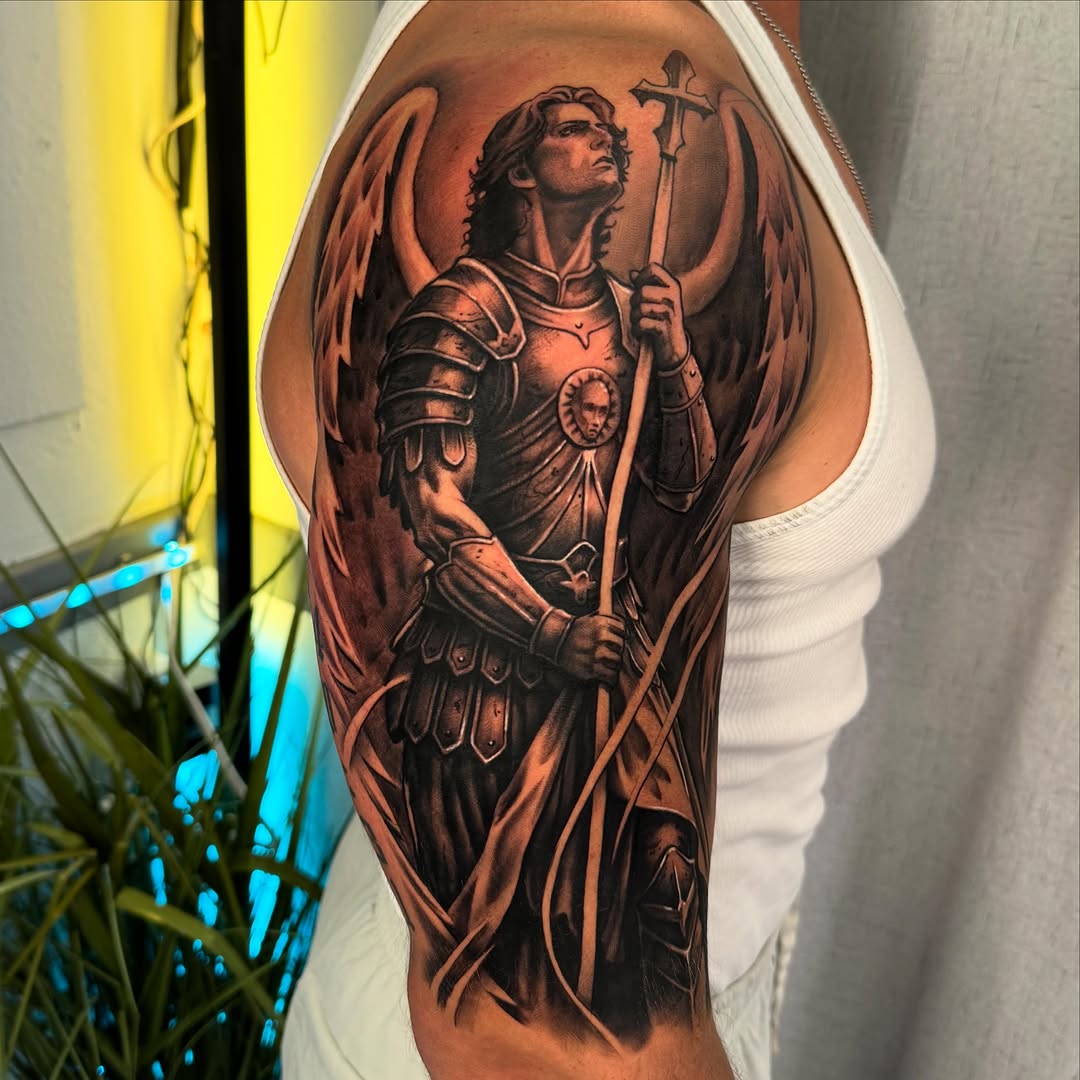 Archangel Michael realism tattoo on the forearm by Isiah Hall, Whittier, California