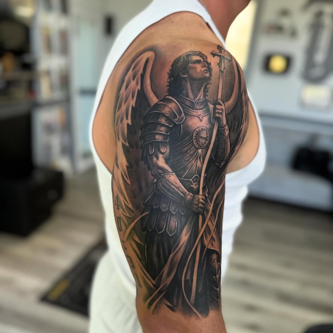 Archangel Michael realism tattoo on the upper arm by Isiah Hall, Whittier, California