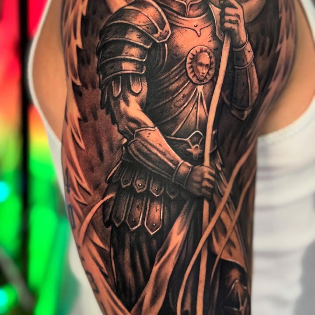 Armored warrior with wings realism tattoo on the forearm by Isiah Hall, Whittier, California