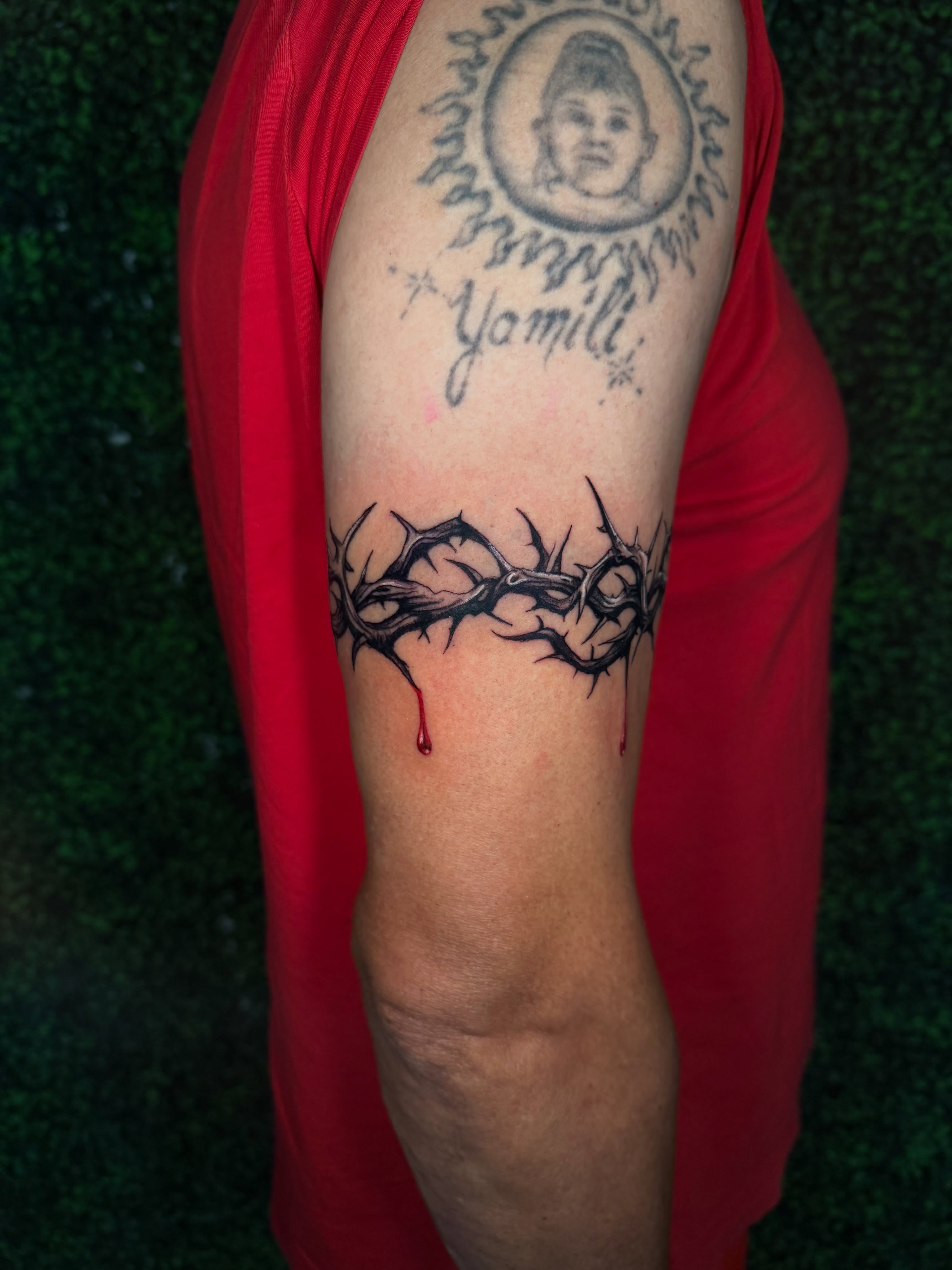 Crown of thorns black and grey tattoo on the forearm by Melissa C, Phoenix, Arizona