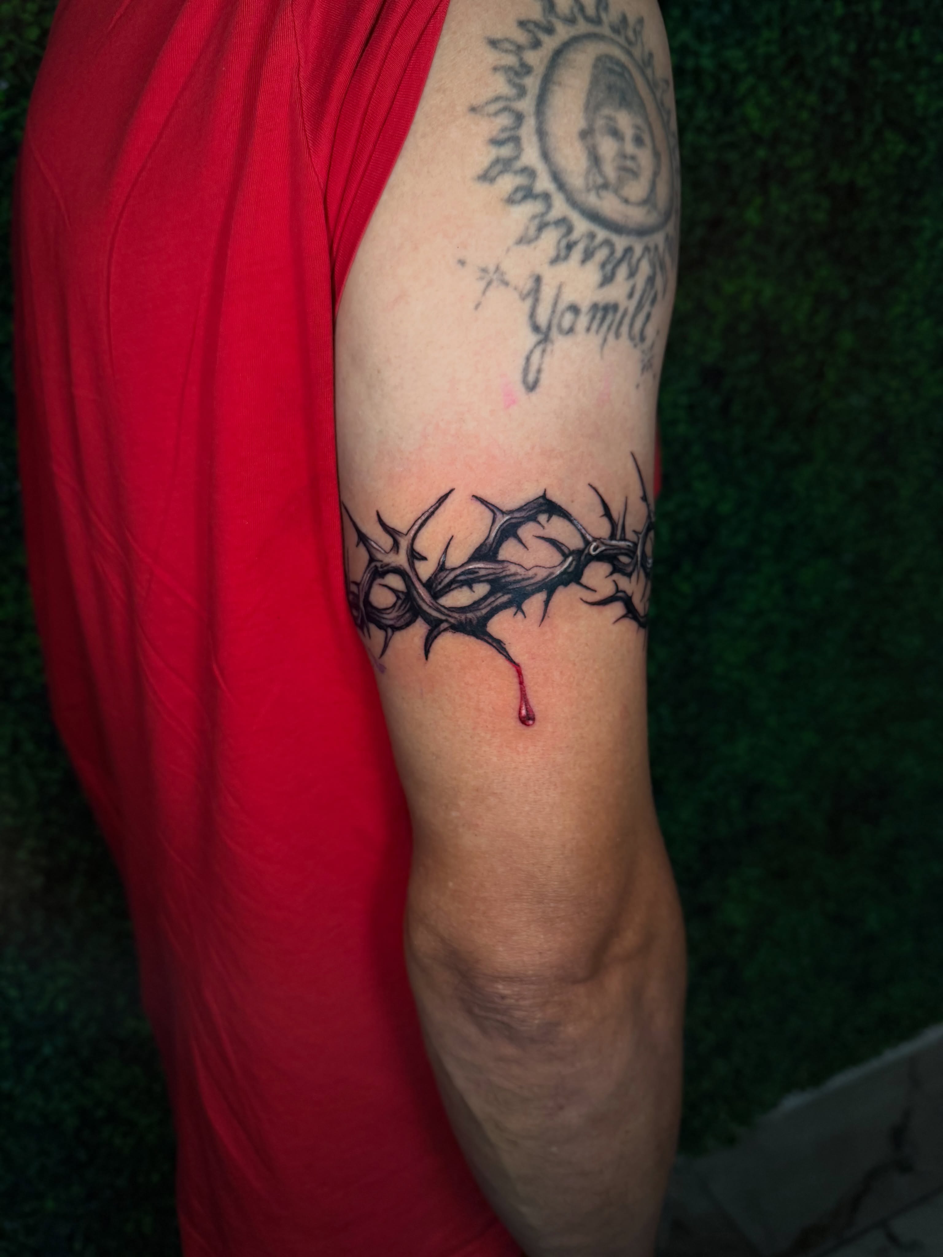 Crown of thorns black and grey tattoo on the forearm by Melissa C, Phoenix, Arizona