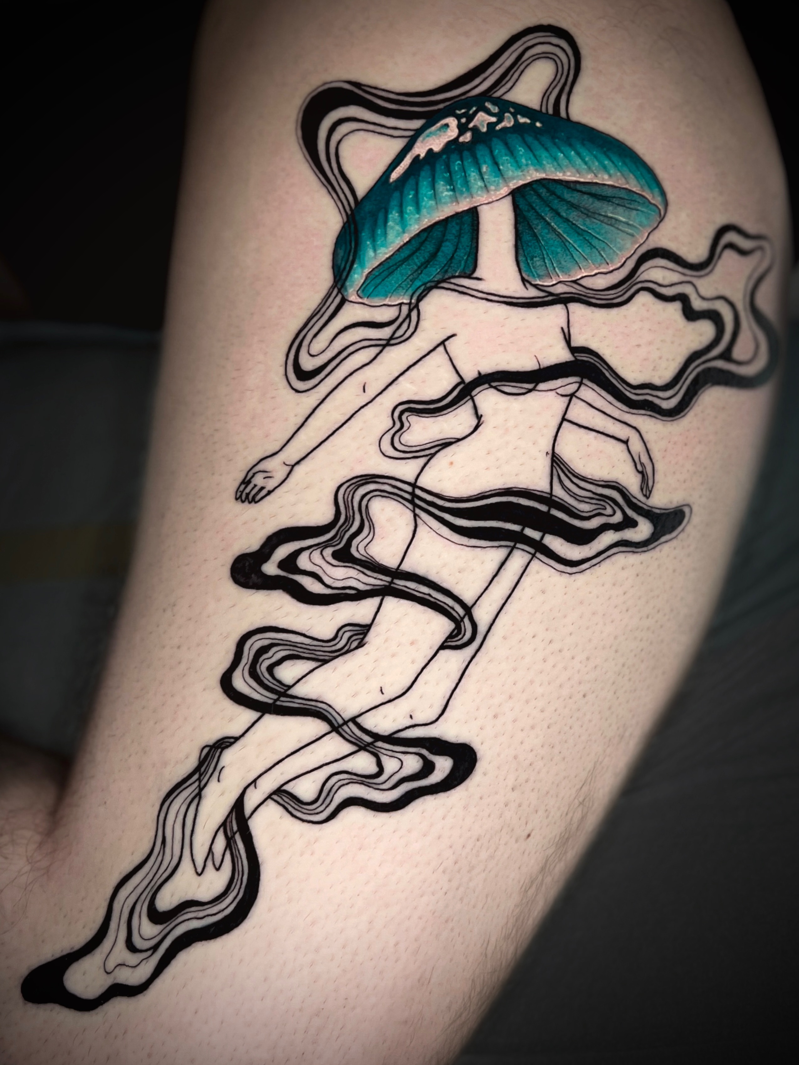Mushroom surrealism tattoo on the thigh by ✨ Pata Pardee ✨ illustration tattoo