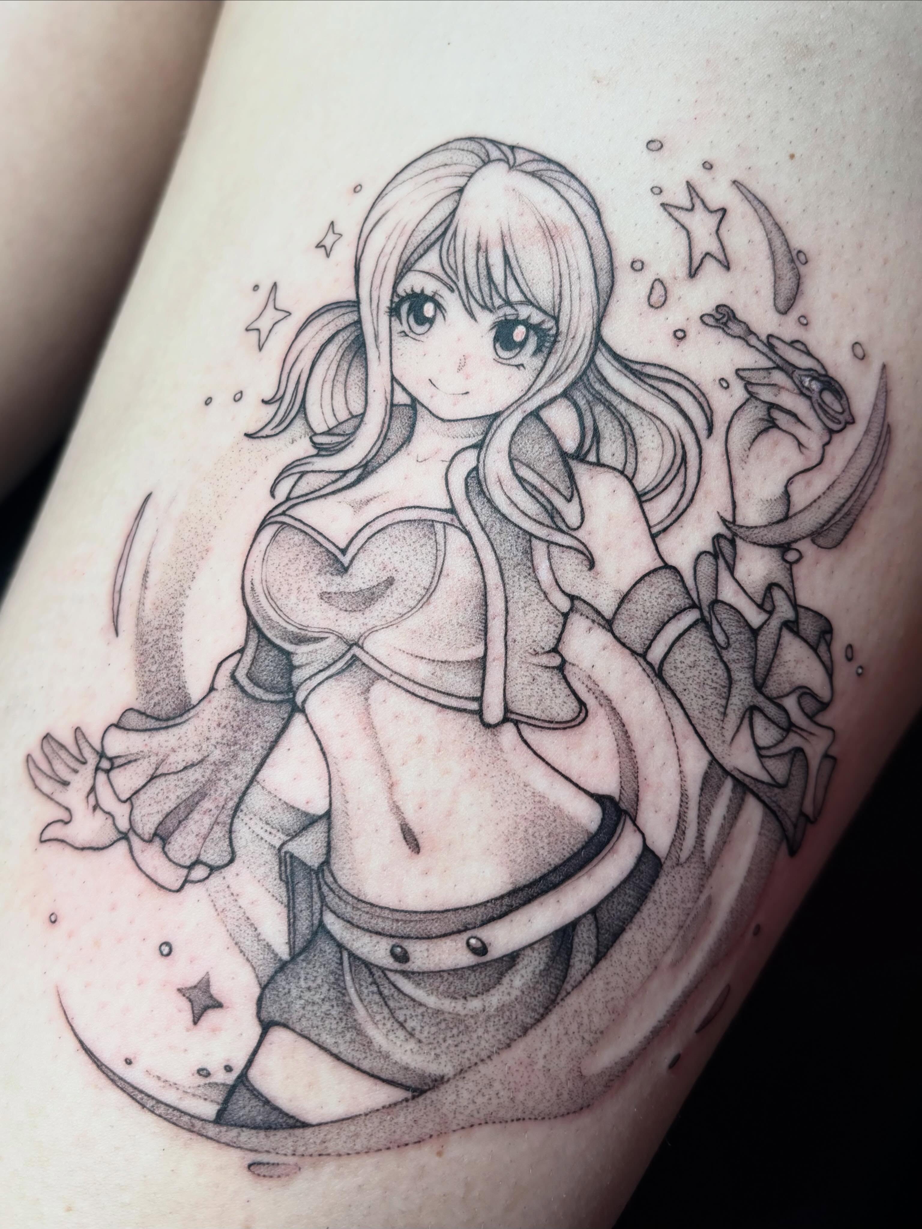 Tattoo by @joelytattoos — dotwork, anime