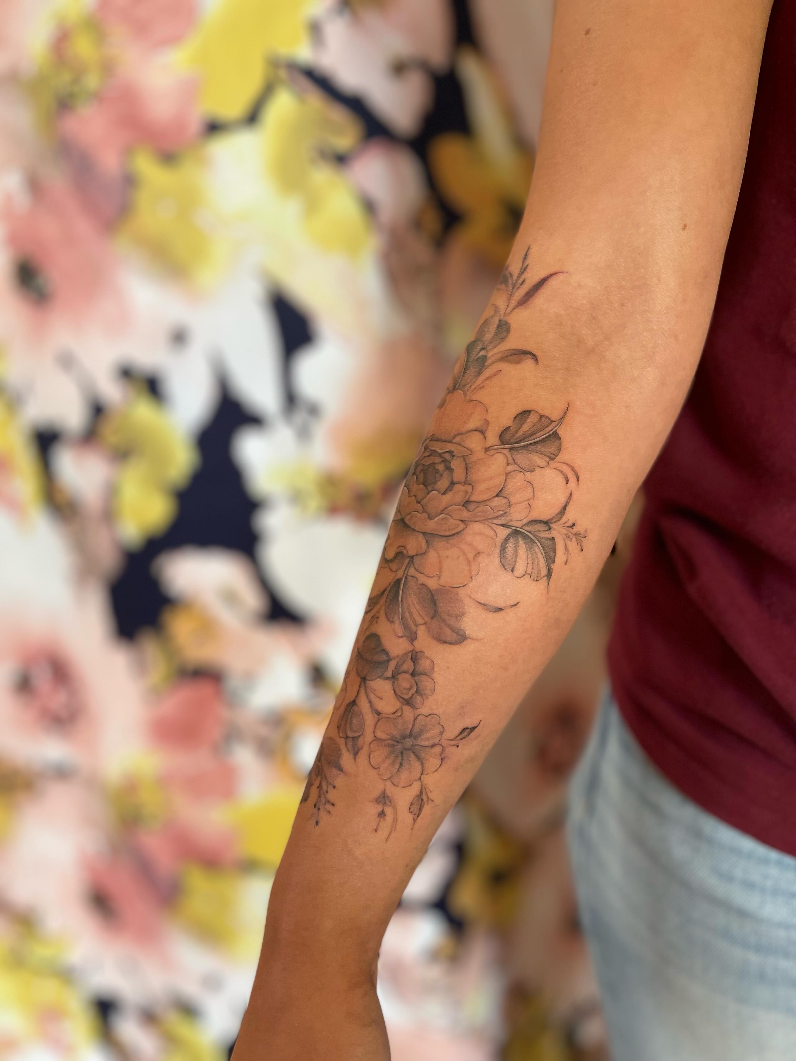 Floral bouquet black and grey tattoo on the forearm by paige  l  ink shrink tattoo