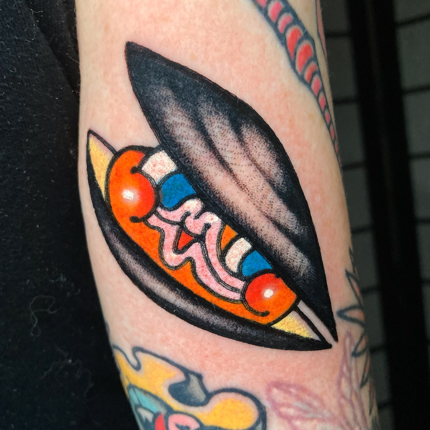 Surfboard American traditional tattoo on the forearm by 🌴Nick Hetzel🌴, Saint Petersburg, Florida