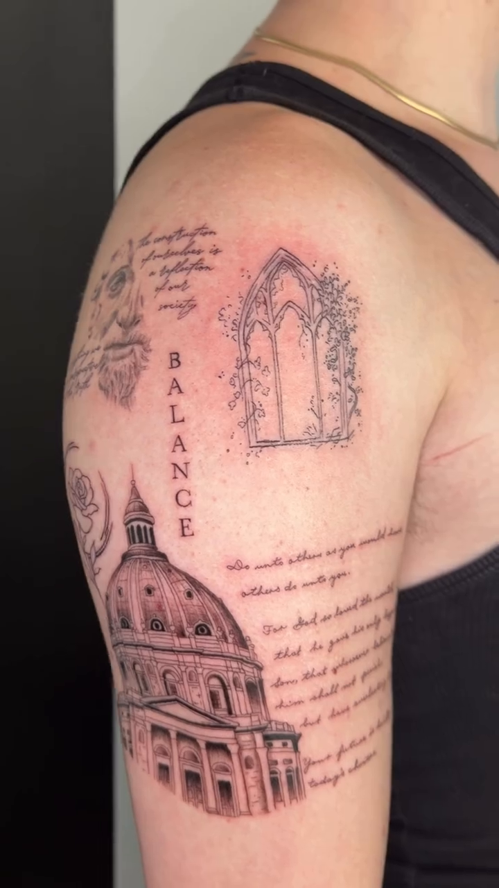 Dome building with text and portrait sketch tattoo on the shoulder by Mandy Kaur