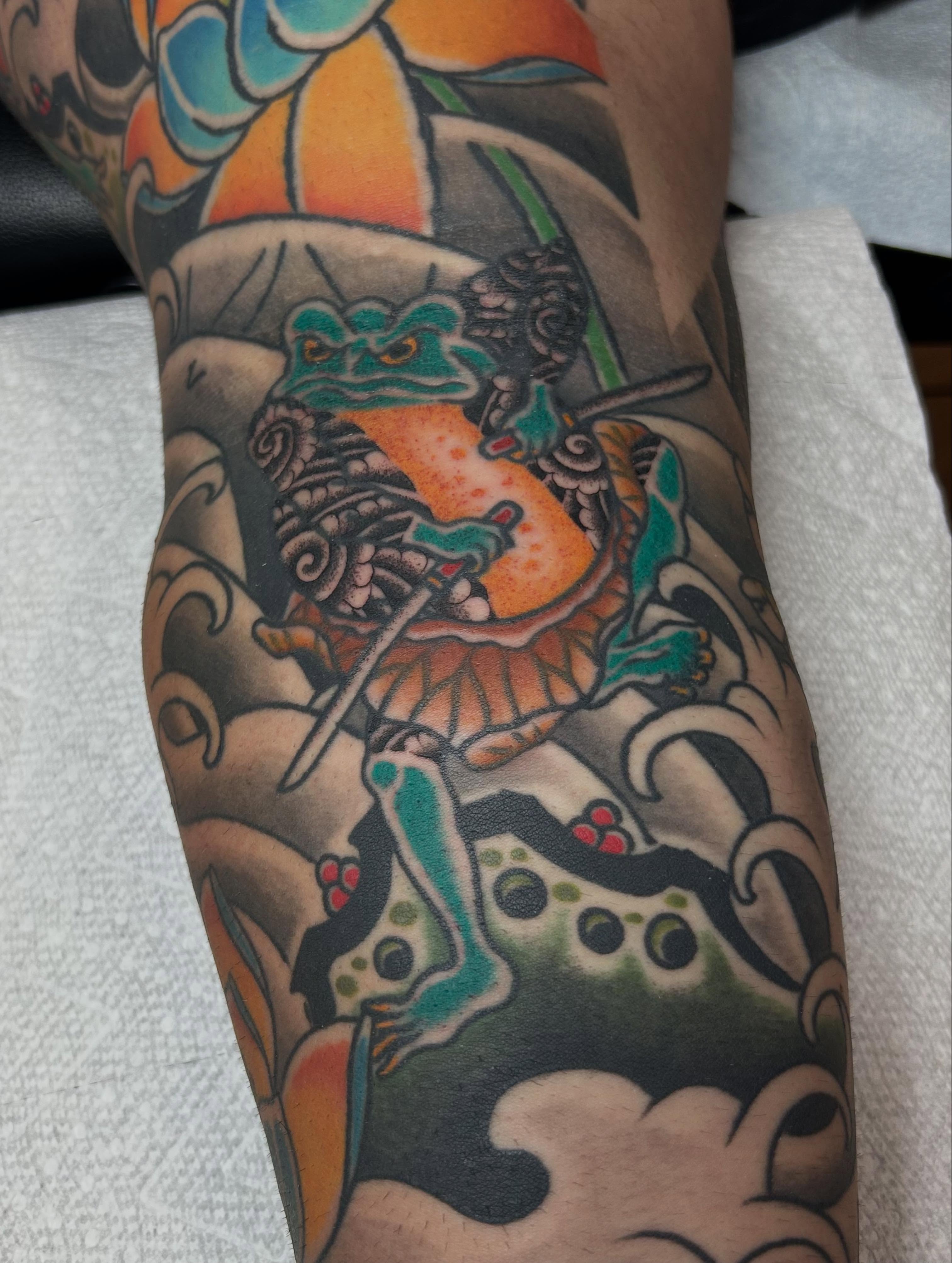 Frog warrior japanese irezumi tattoo on the forearm by Stephen Sanchez