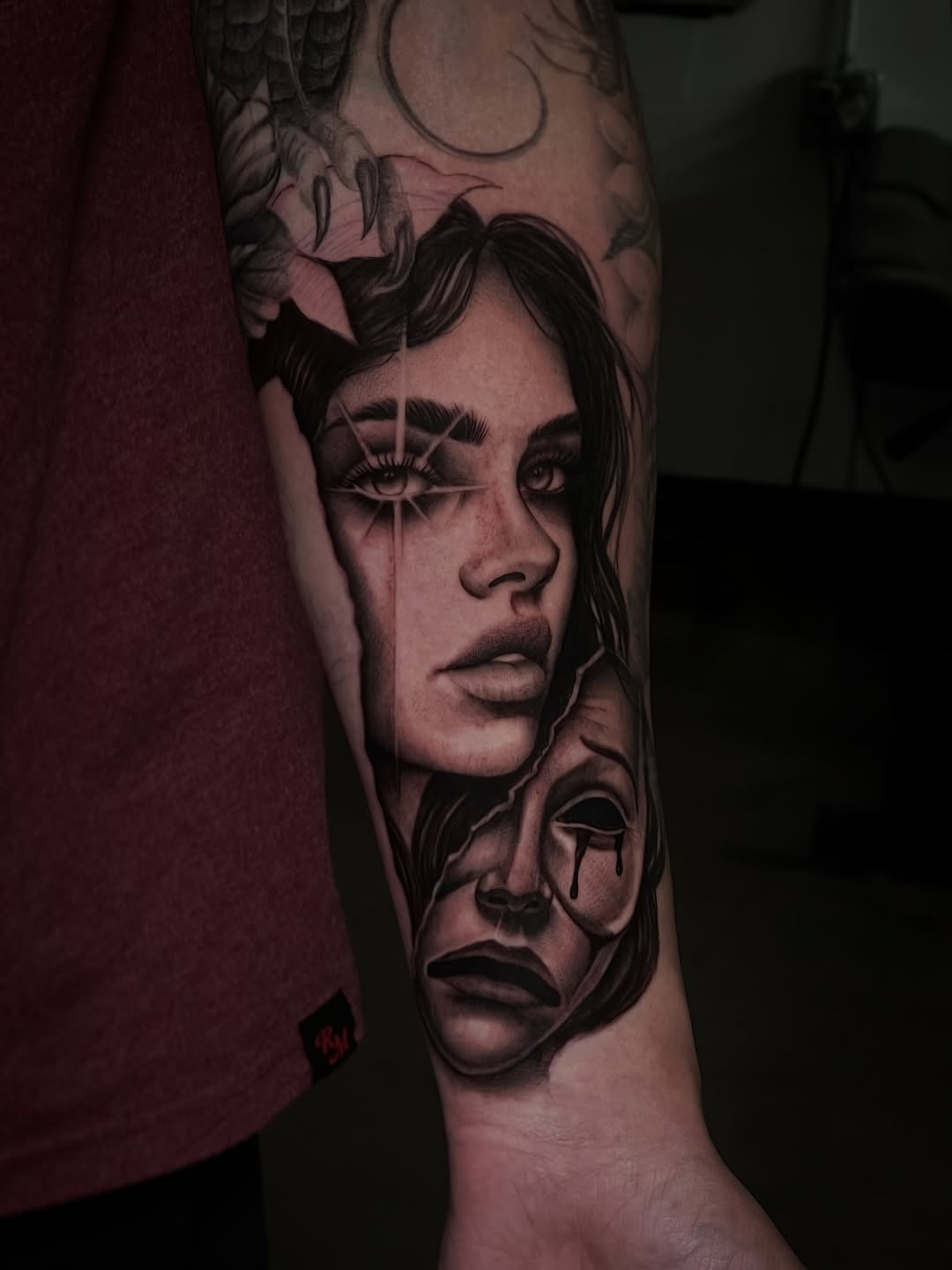 Woman's face with mask realism tattoo on the forearm by Elaine Nerowski ☾