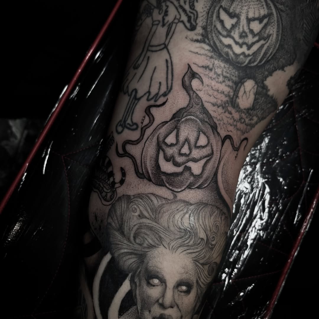 Halloween-themed dotwork tattoo on the forearm by 𝒜𝓇𝓉 𝒷𝓎 𝒱𝑒 𝒩𝑜𝒸𝓉𝑒𝓂