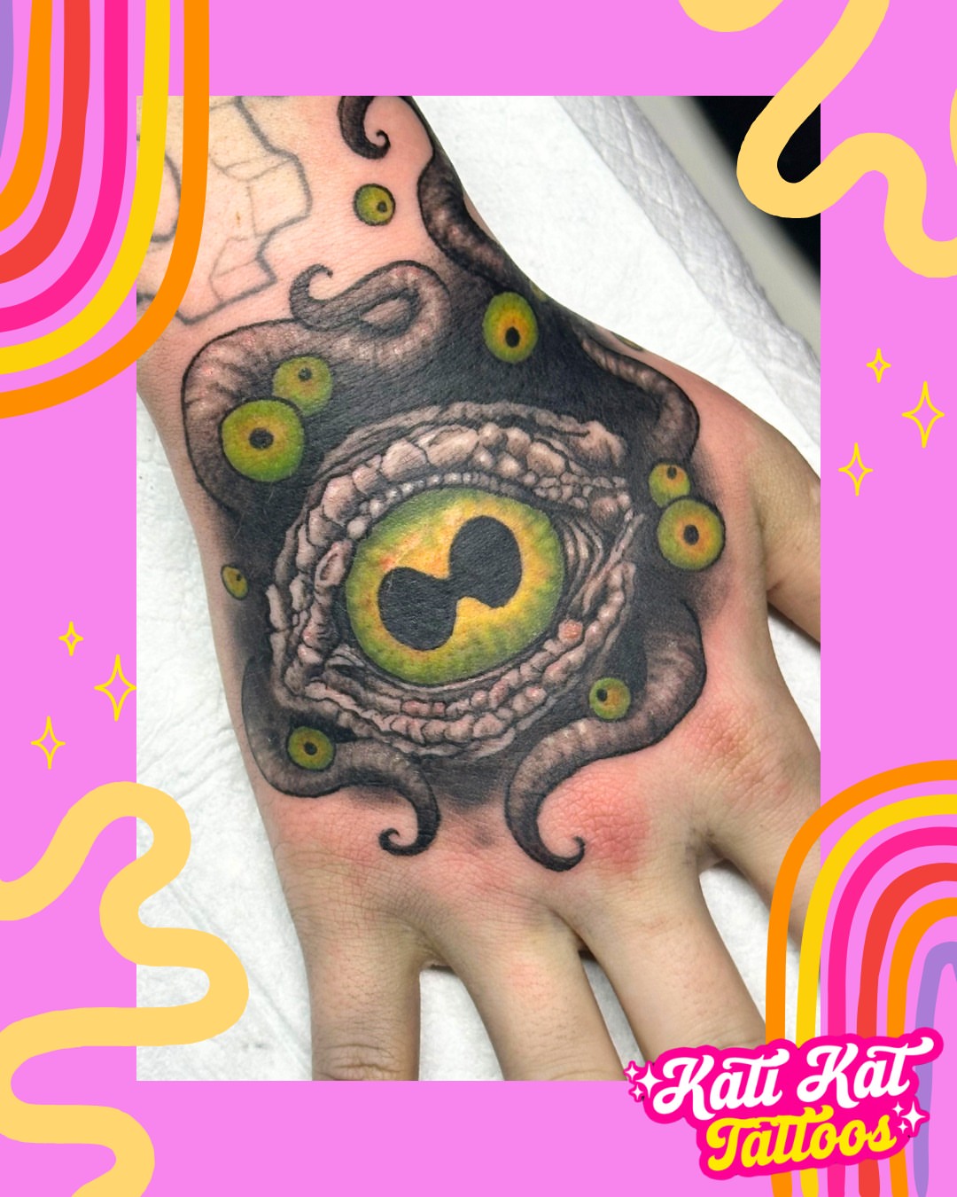 Eye with tentacles realism tattoo on the hand by @katikattattoos, Las Vegas, Nevada