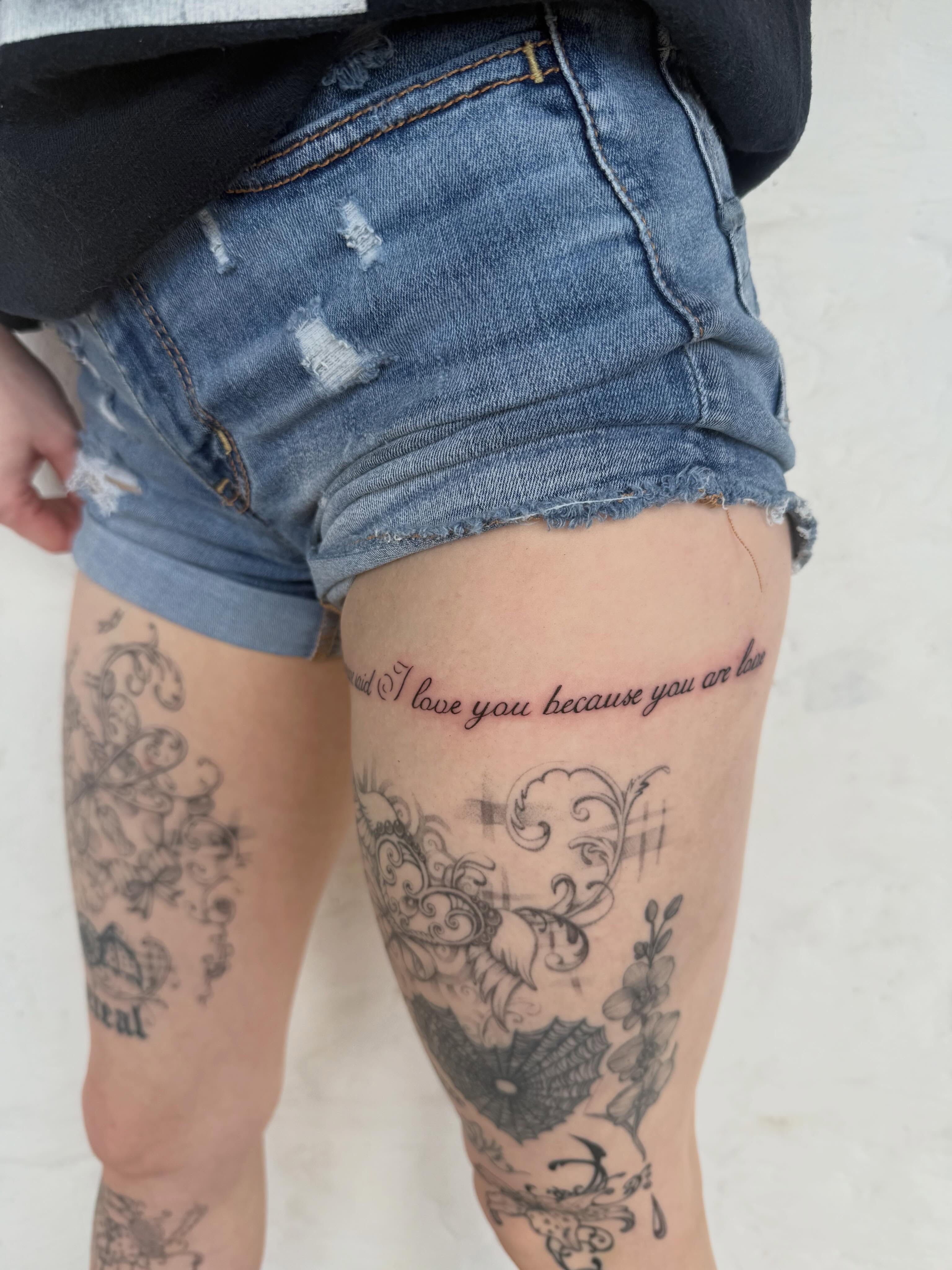 Script lettering lettering script tattoo on the thigh by sarah