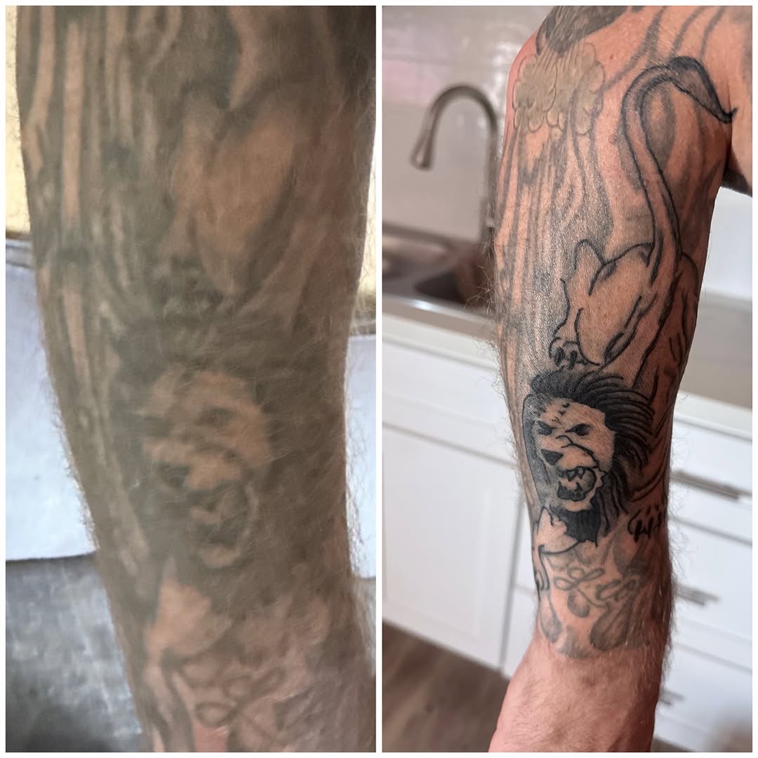 Lion and abstract elements realism tattoo on the forearm by Addison Bruce