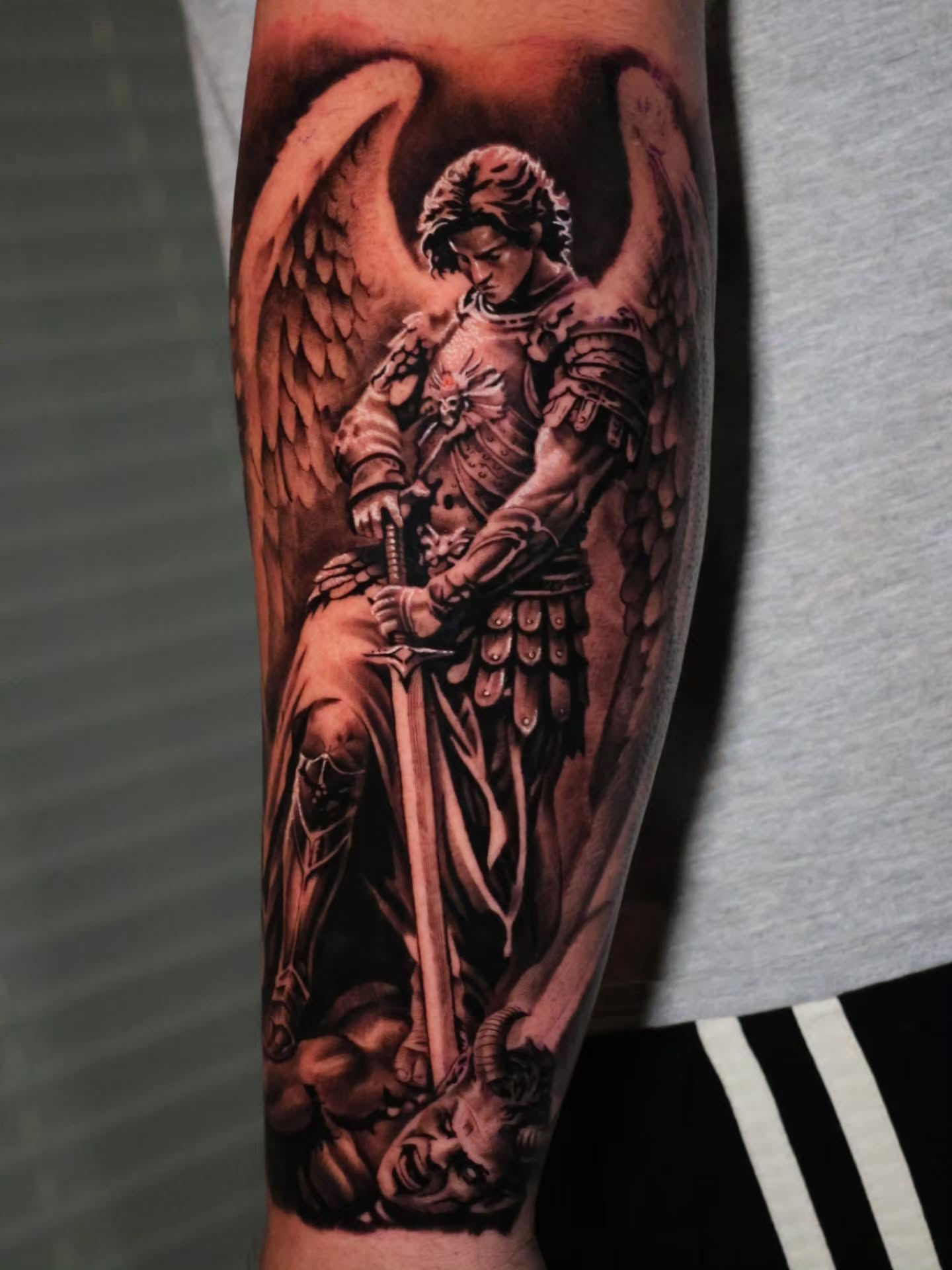 Angel warrior realism tattoo on the forearm by Jesus Bravo