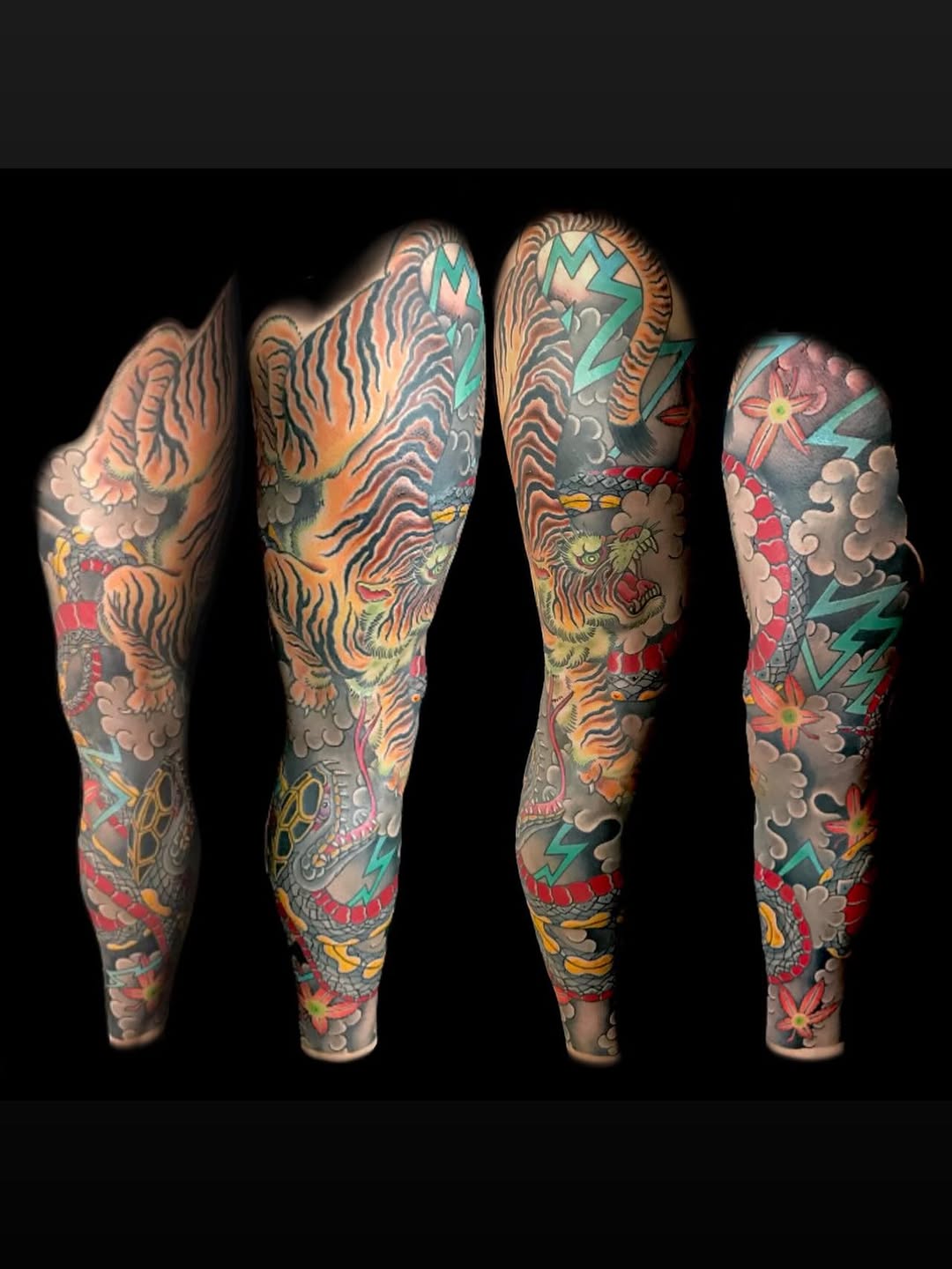 Tiger and dragon sleeve Japanese tattoo on the upper arm by Mark Thompson, Dallas, Texas