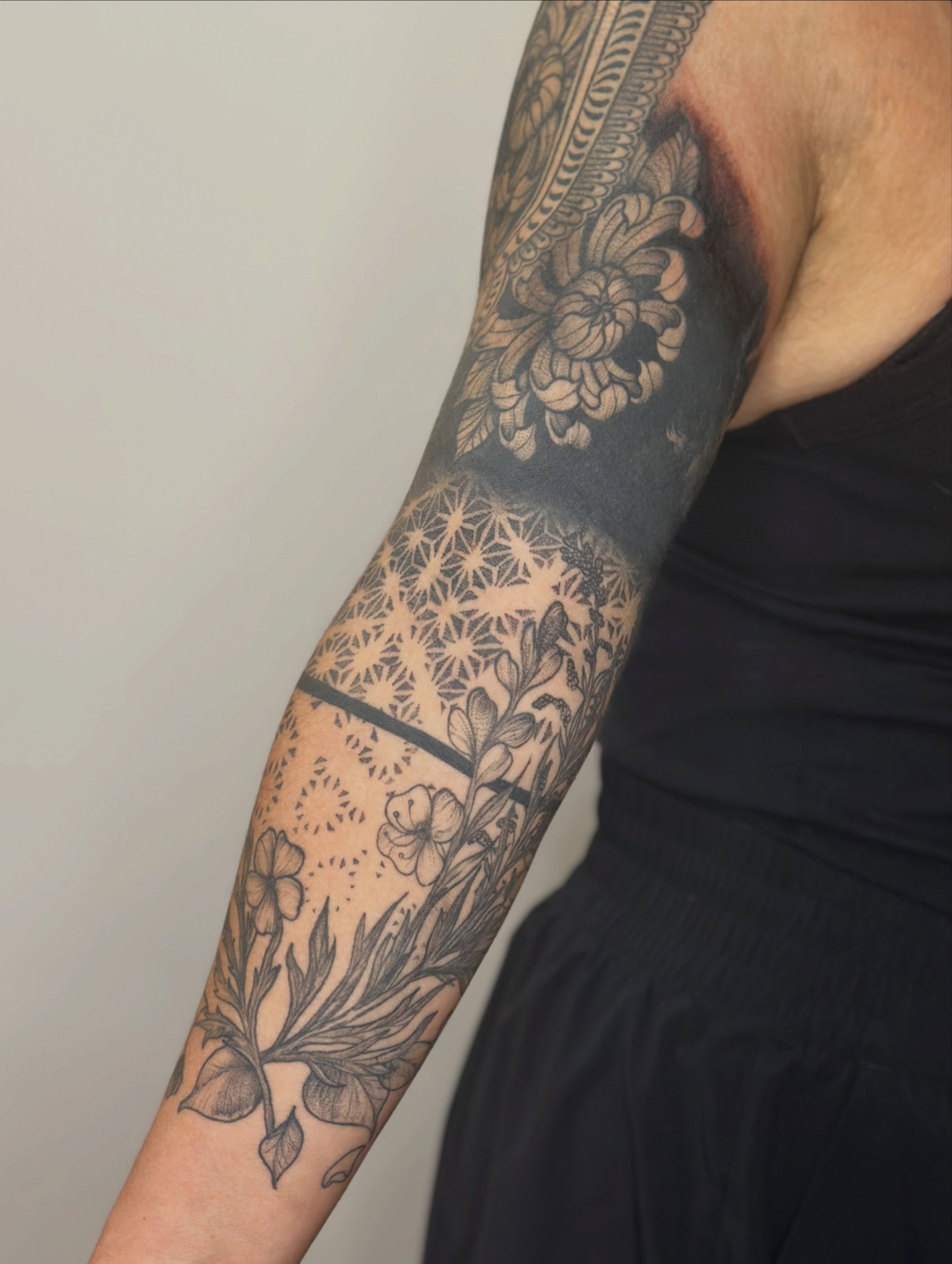 Floral bouquet black and grey tattoo on the forearm by Gabrielle Brodman 🎀 Raleigh-Durham Tattoo