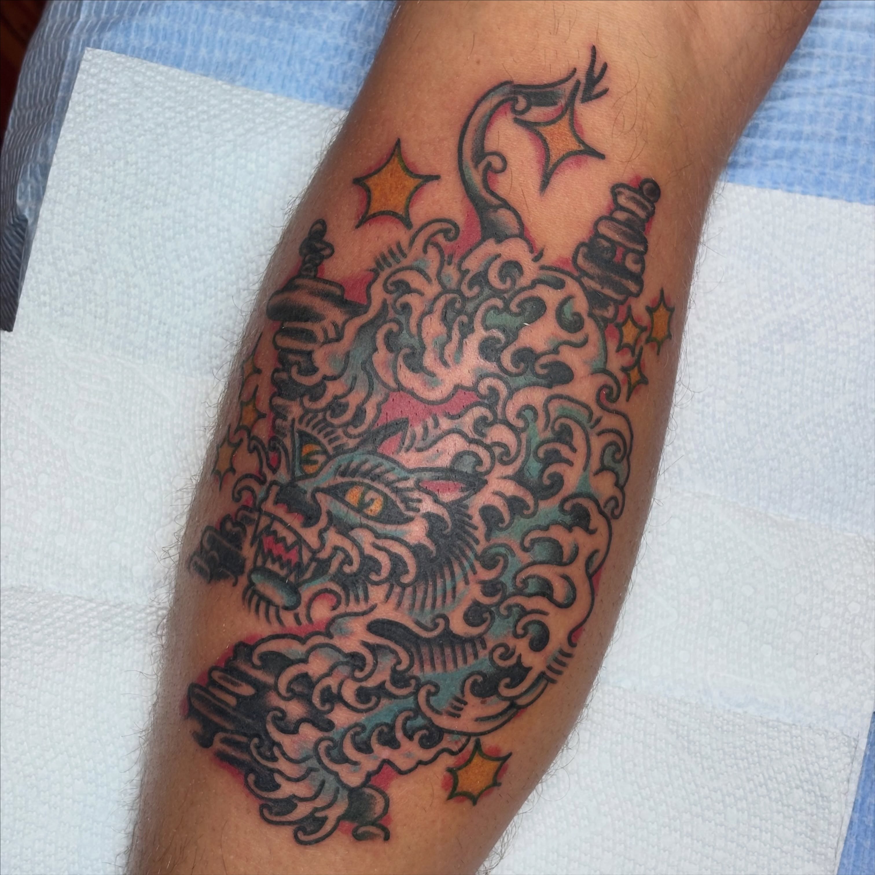 Dragon American traditional tattoo on the forearm by Malachi