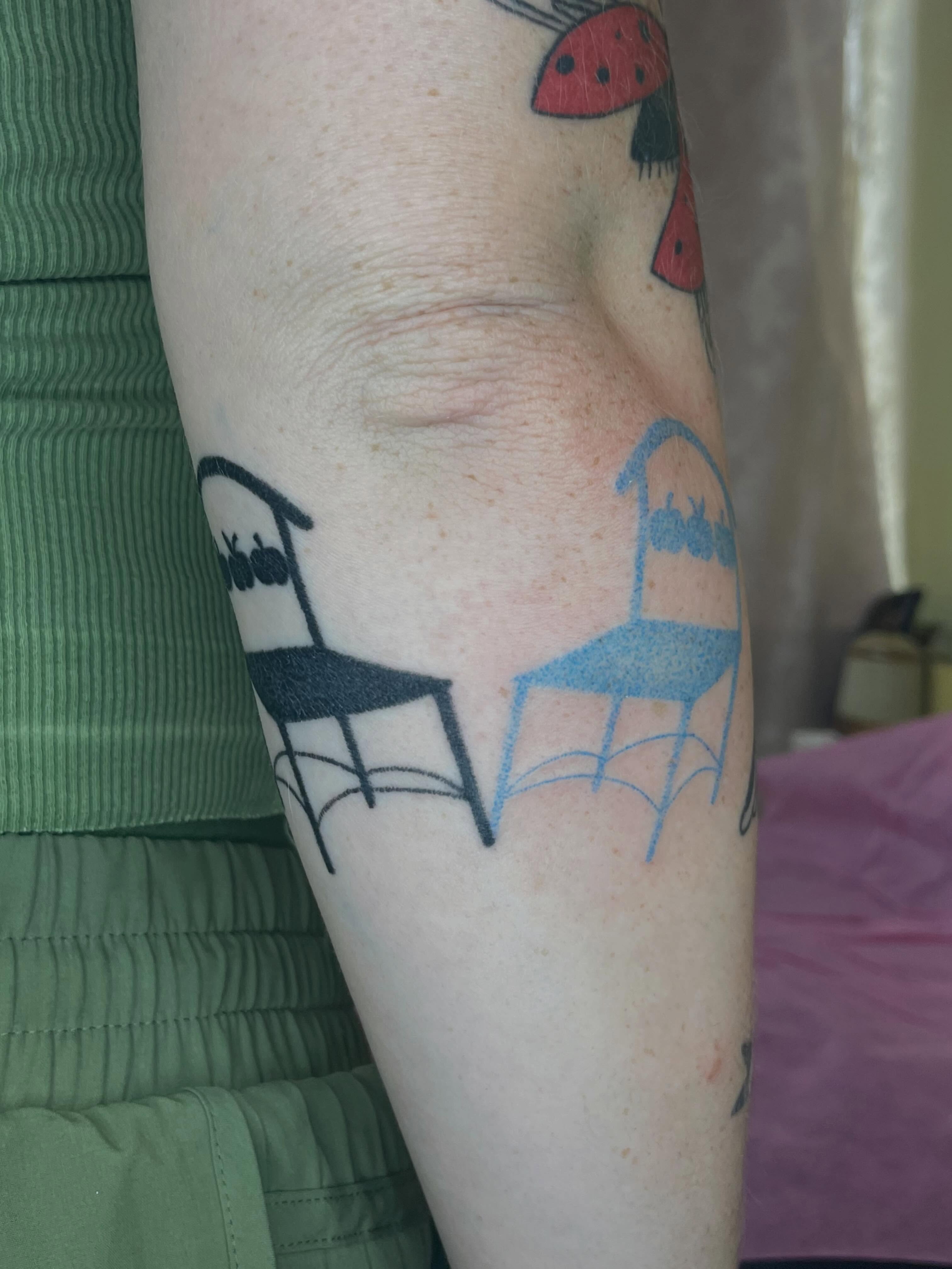 Chairs American traditional tattoo on the forearm by cait